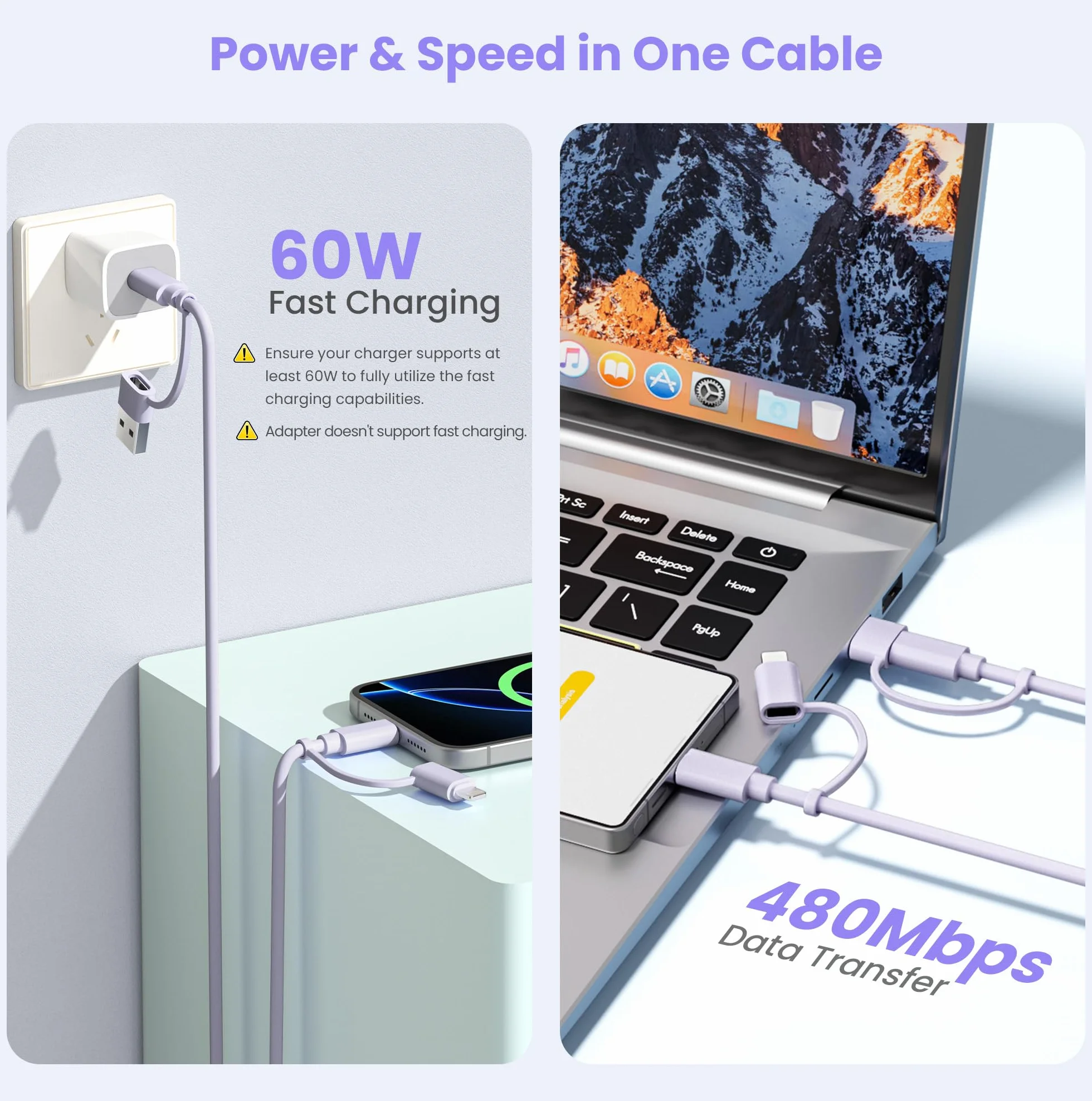 Elebase Câble de Charge USB C pour iPhone 17, Câble 4-en-1 Multiple 2M avec Adaptateurs USB A et Lightning, Cordon de Charge 60W USB-C