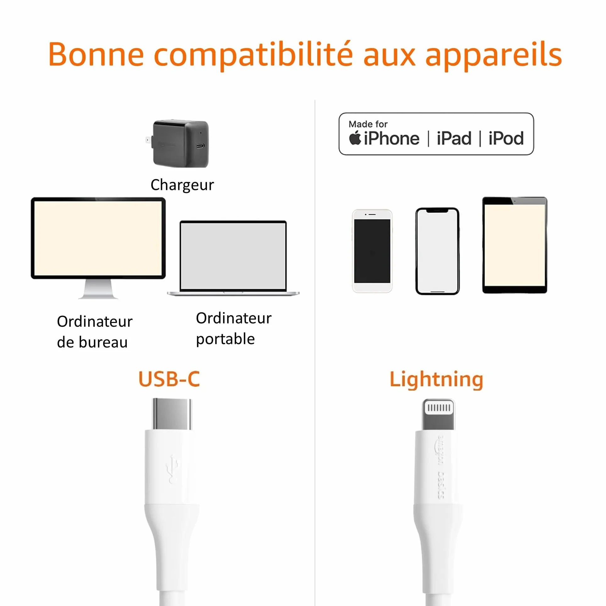Amazon Basics Câble USB 2.0 Type C vers Lightning MFi 0.9 m Blanc