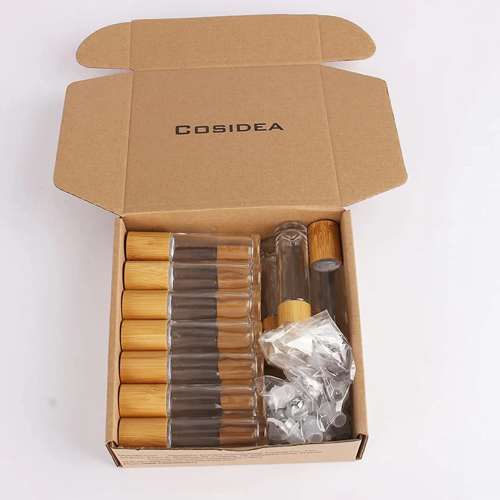 Flacons à bille en verre dépoli 10 ml avec couvercle en bambou pour huiles essentielles