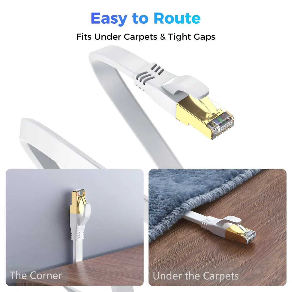 Câble Ethernet Cat 8 45m Plat, Cable RJ45 Plaqué Or, Haute Vitesse 40 Gbit/s, 2000 MHz, Pour Routeur/PC/Jeux/Modem, Plus Rapide que Cat7/Cat6/Cat5(Blanc)