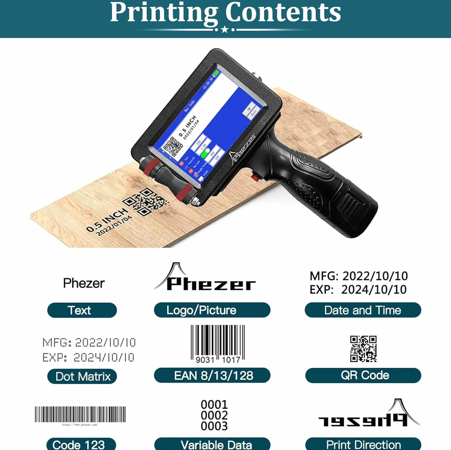 Phezer Imprimante à Jet d’Encre Portative P16 0,5 Pouce 360° Codage Date Expiration Code-Barre