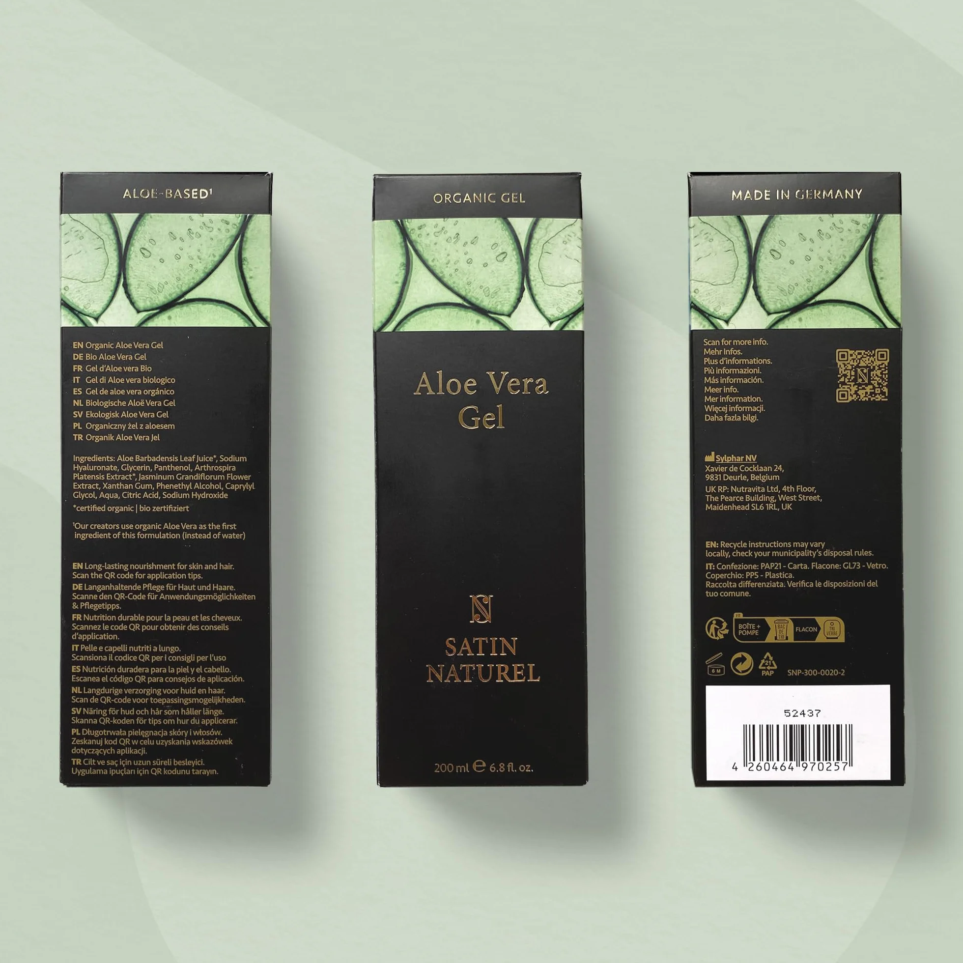 Satin Naturel Gel Aloe Vera Bio 200 ml – Gel d’Aloe Vera Concentré – Acide Hyaluronique & Panthénol – Soin Hydratant Visage, Corps & Cheveux