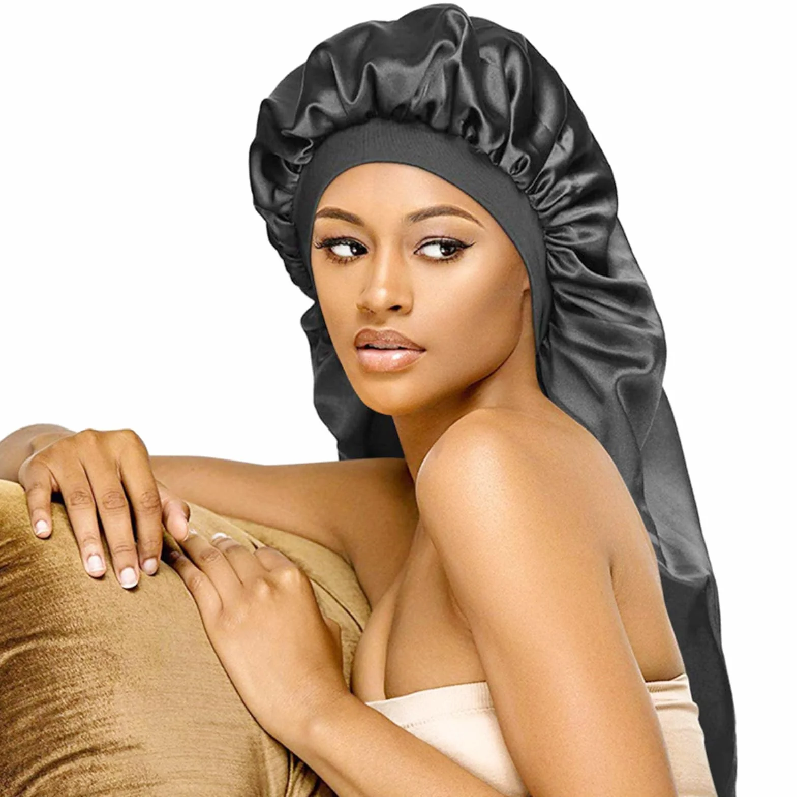 Bonnet de Nuit en Satin Réglable pour Cheveux Longs et Bouclés Noir