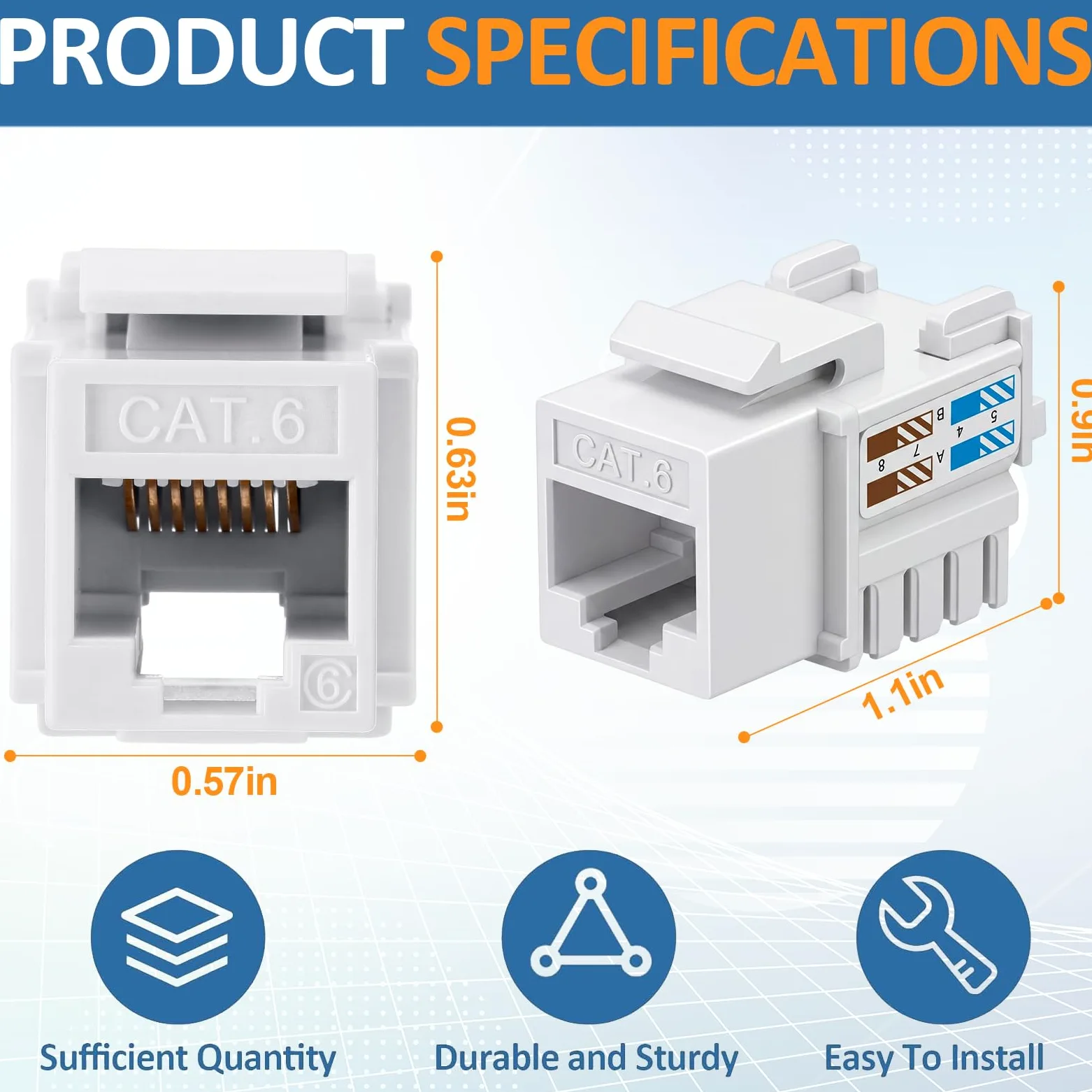 Hoteam Lot de 125 prises Keystone Cat6, coupleur modulaire Ethernet RJ45, connecteur UTP à 90 degrés pour plaque murale, panneau et boîtier de montage en surface (blanc)