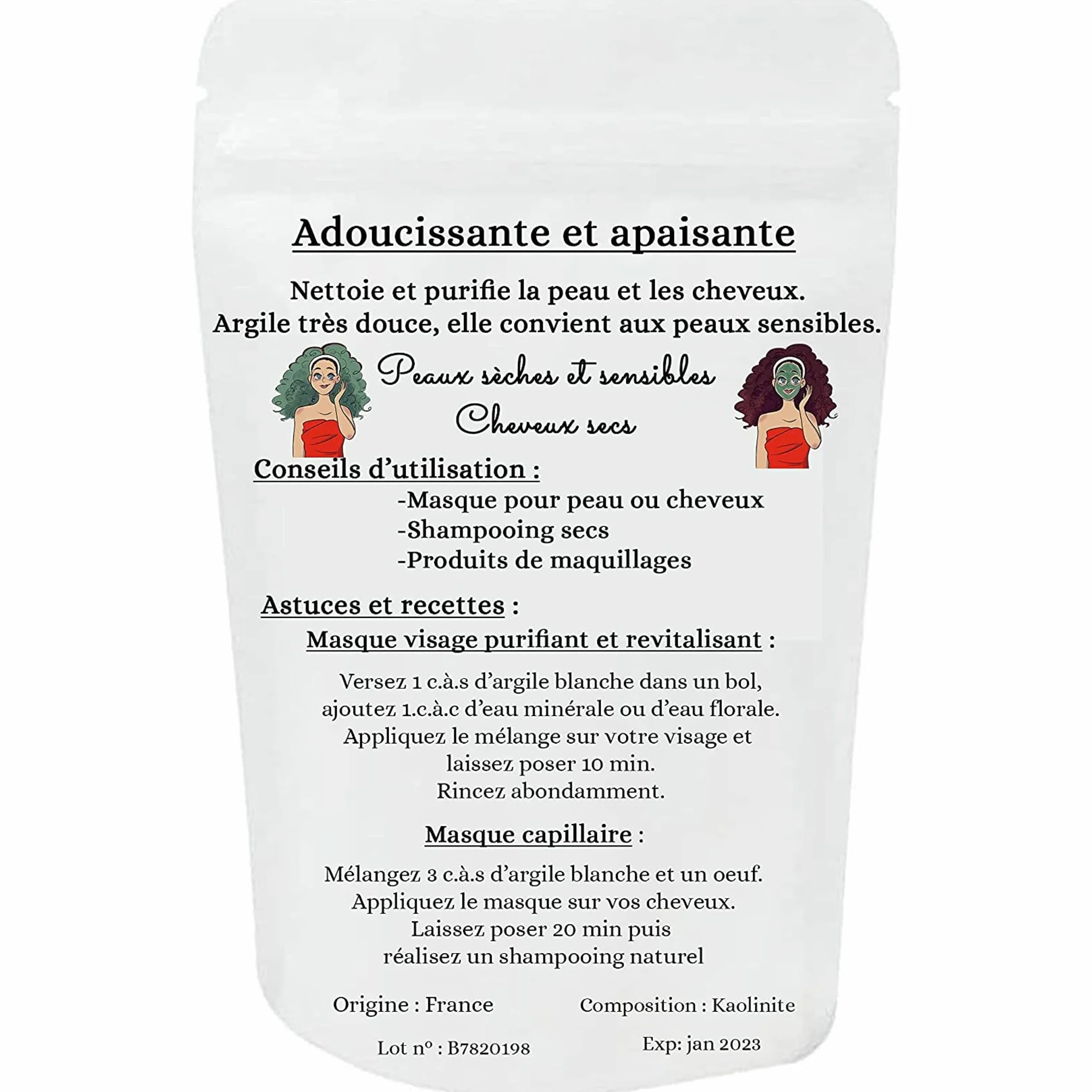 Argile blanche kaolin certifiée Eco-Cert avec pinceau applicateur masque en silicone visage corps cheveux