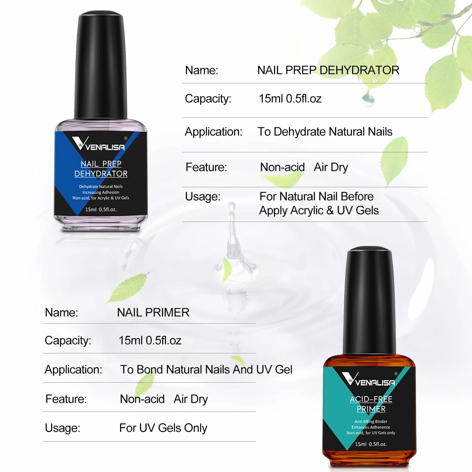 VENALISA Primer Déshydrateur Ongle 15ml*2pcs Set Vernis Semi Permanent UV Poudre Acrylique Nail Prep Manucure