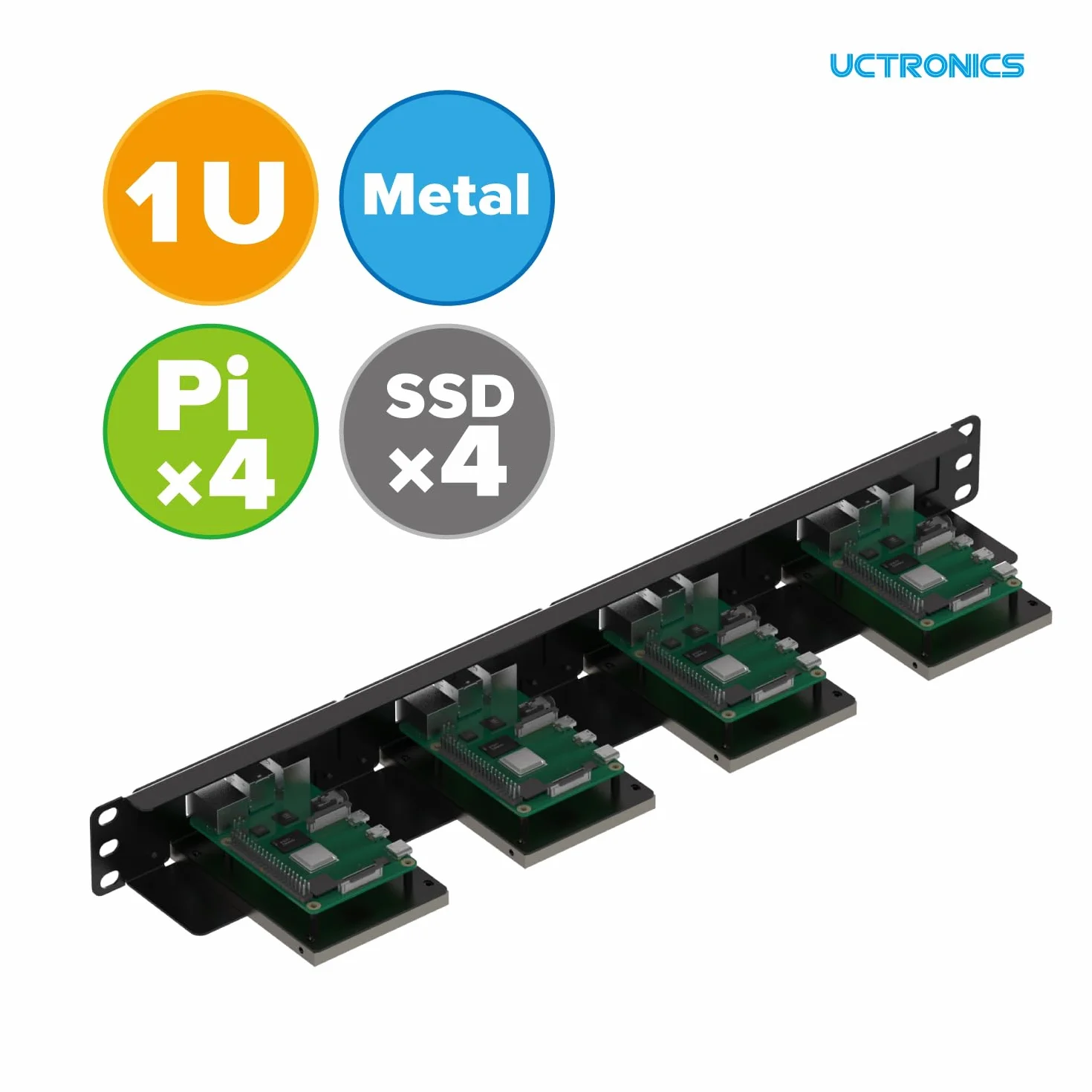 UCTRONICS Support en rack 1U 19" pour Raspberry Pi avec supports de montage SSD, support avant amovible