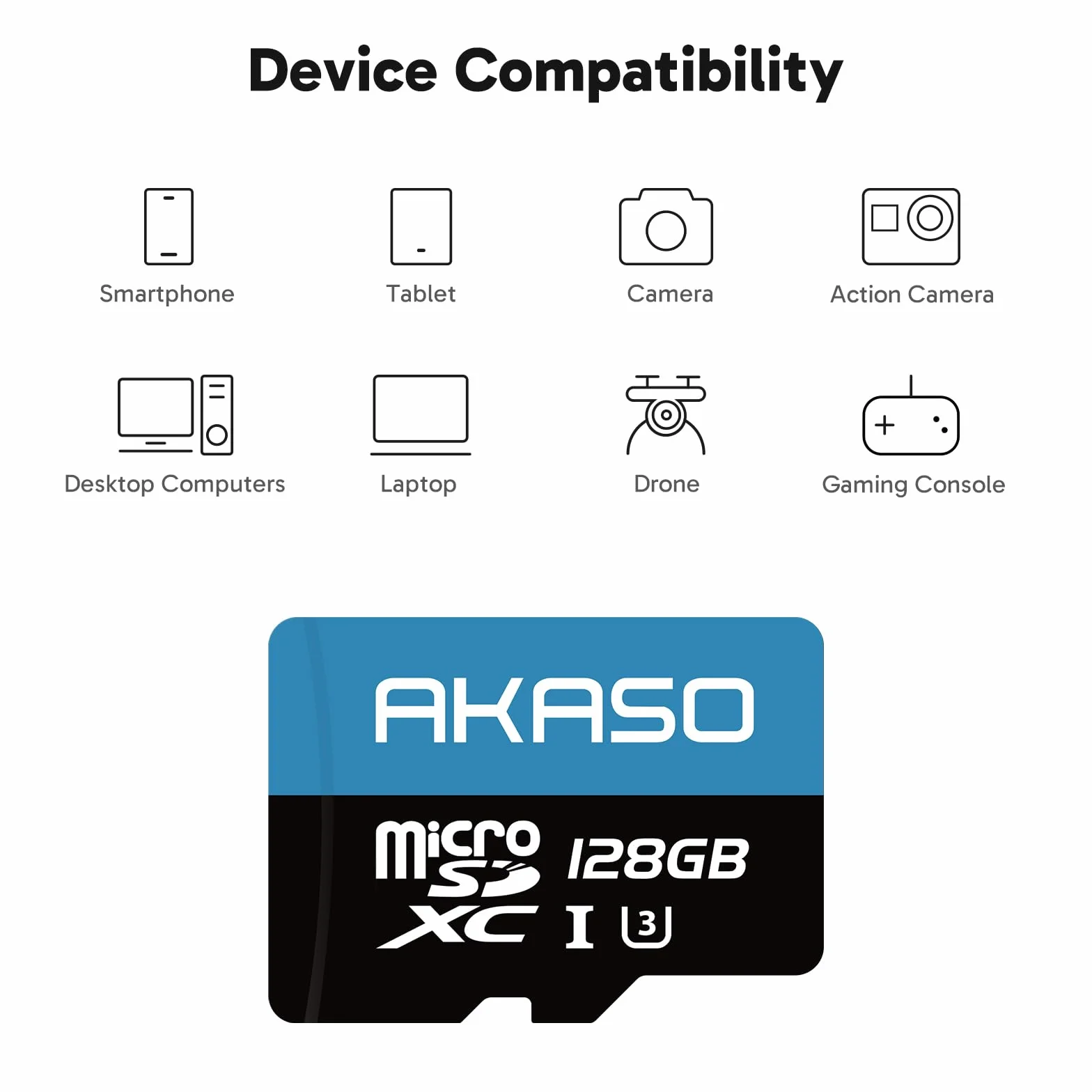 AKASO Carte Mémoire MicroSDXC 128 Go U3 Compatible Caméra Sport