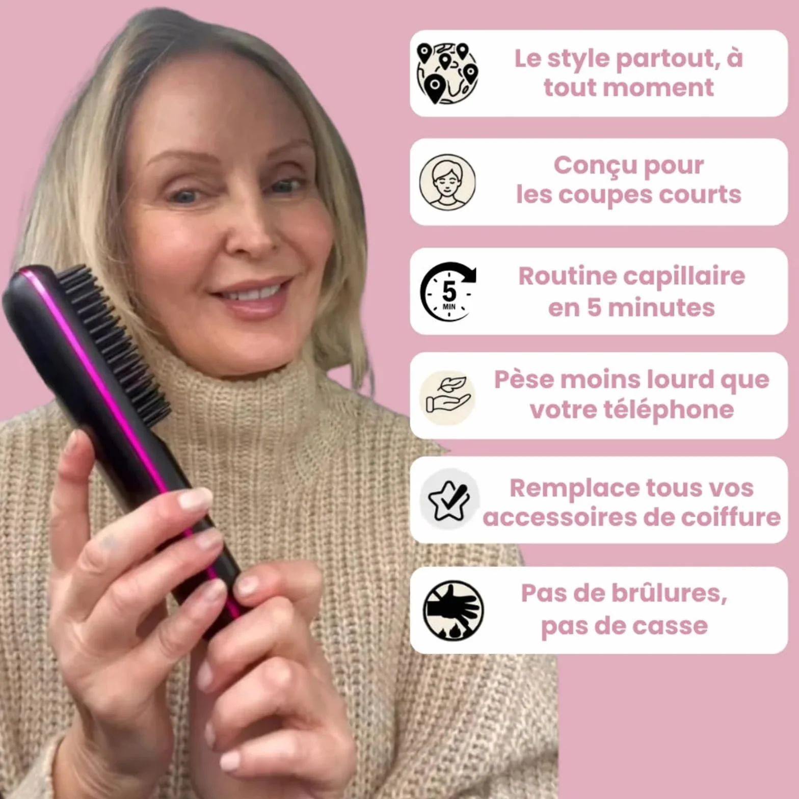 Cosylane Brosse Coiffante Lissante Sans Fil, 3 Niveaux de Chaleur, Écran LED, Chargement Type-C, Chauffage Instantané