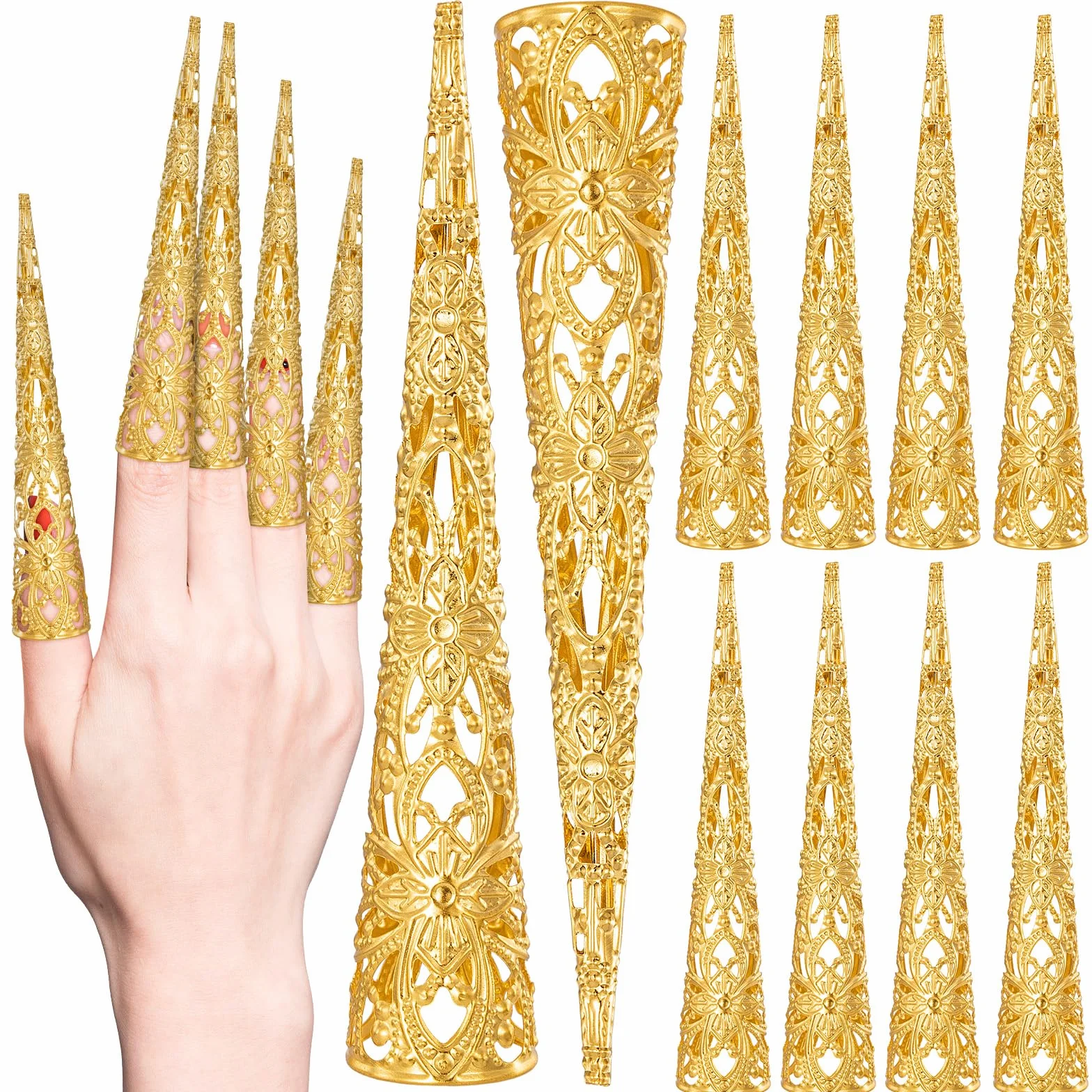 10 Pièces Doigt Ongle Griffe Anneaux Halloween Cosplay Métallique Faux Ongle Longs Costume Déguisement Doré Ancienne Reine