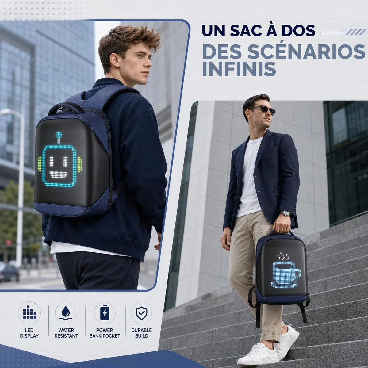 Sac à dos avec écran programmable, Sac à dos pour ordinateur portable avec contrôle APP, Étanche, Voyage, Sac pour moto,bleu(Pas de banque d'alimentation incluse)