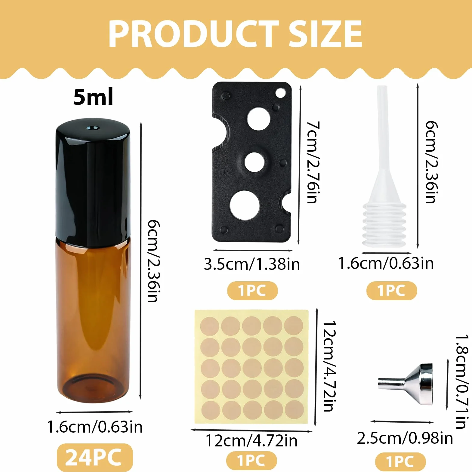 Bouteilles en verre marron 5 ml avec rouleaux et compte-gouttes, lot de 24 pour huiles essentielles