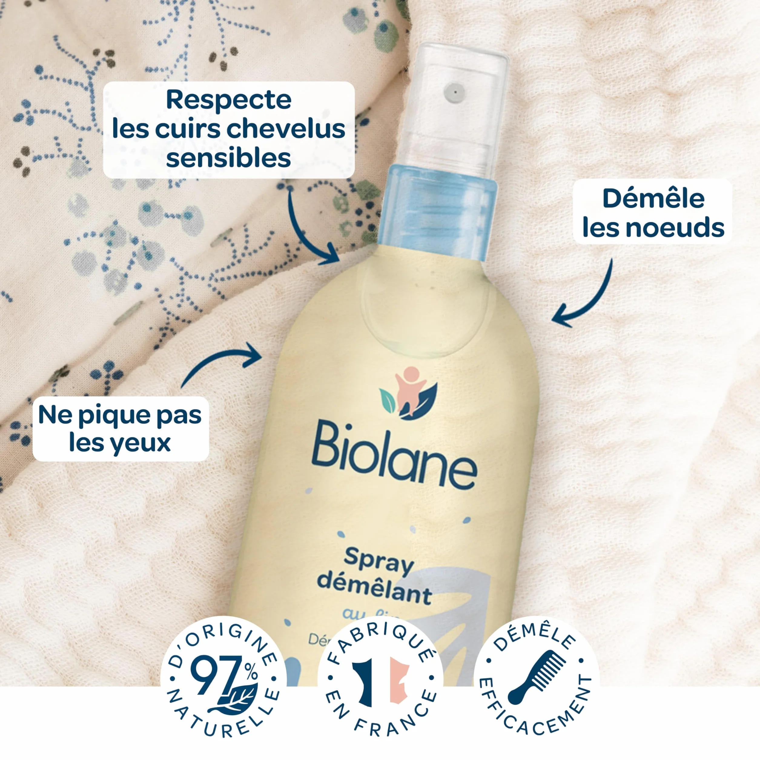 BIOLANE Spray Démêlant Bébé 200ml – Démêle efficacement – Lin Français – 98% d'origine naturelle
