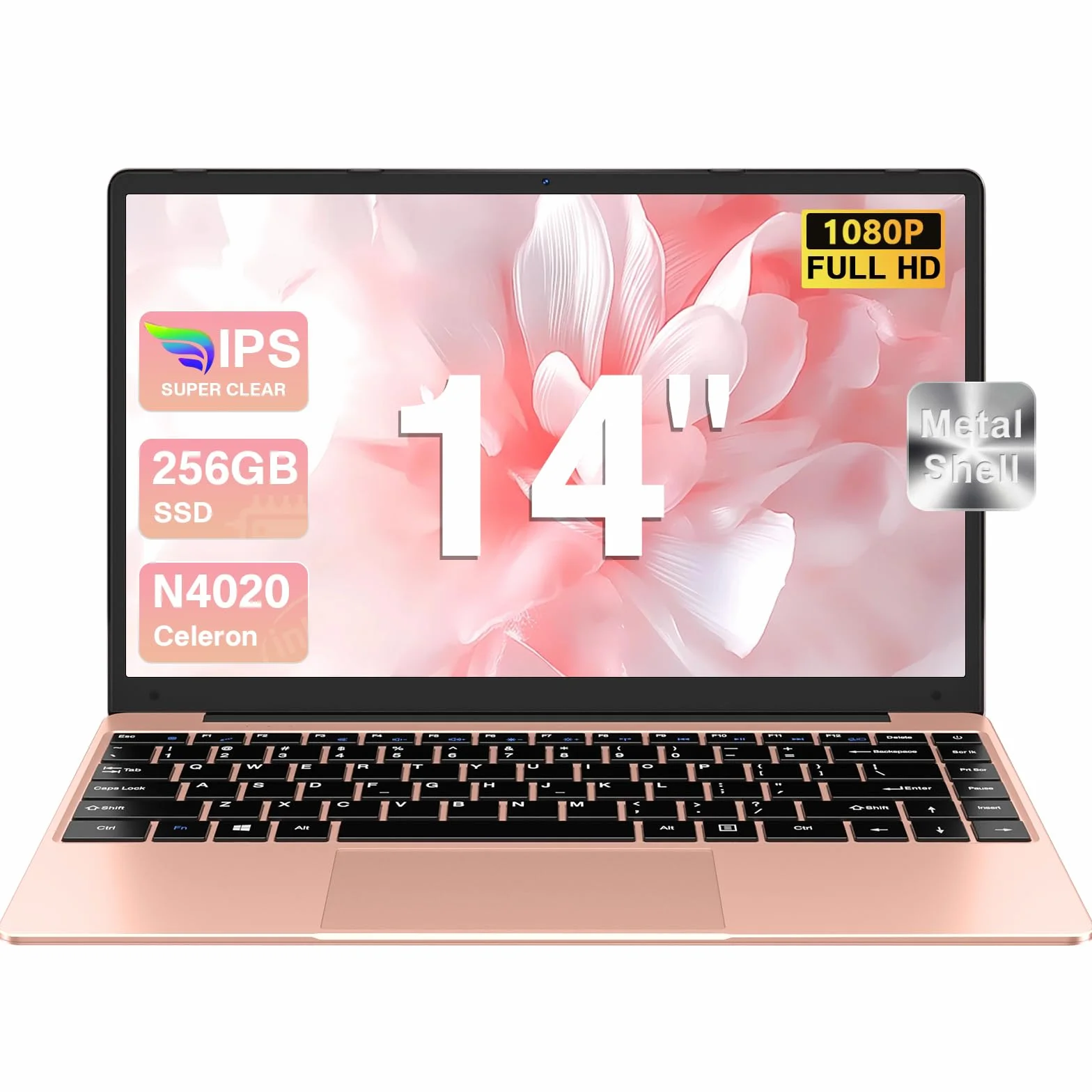 bvate Ordinateur Portable 14" 256 Go Win 11 N4020 Support Expansion 1 to SSD 1080P 2.4G+5G WiFi Mini HDMI & Souris sans Fil et Un Film de Clavier AZERTY pour Clavier - Or Rose