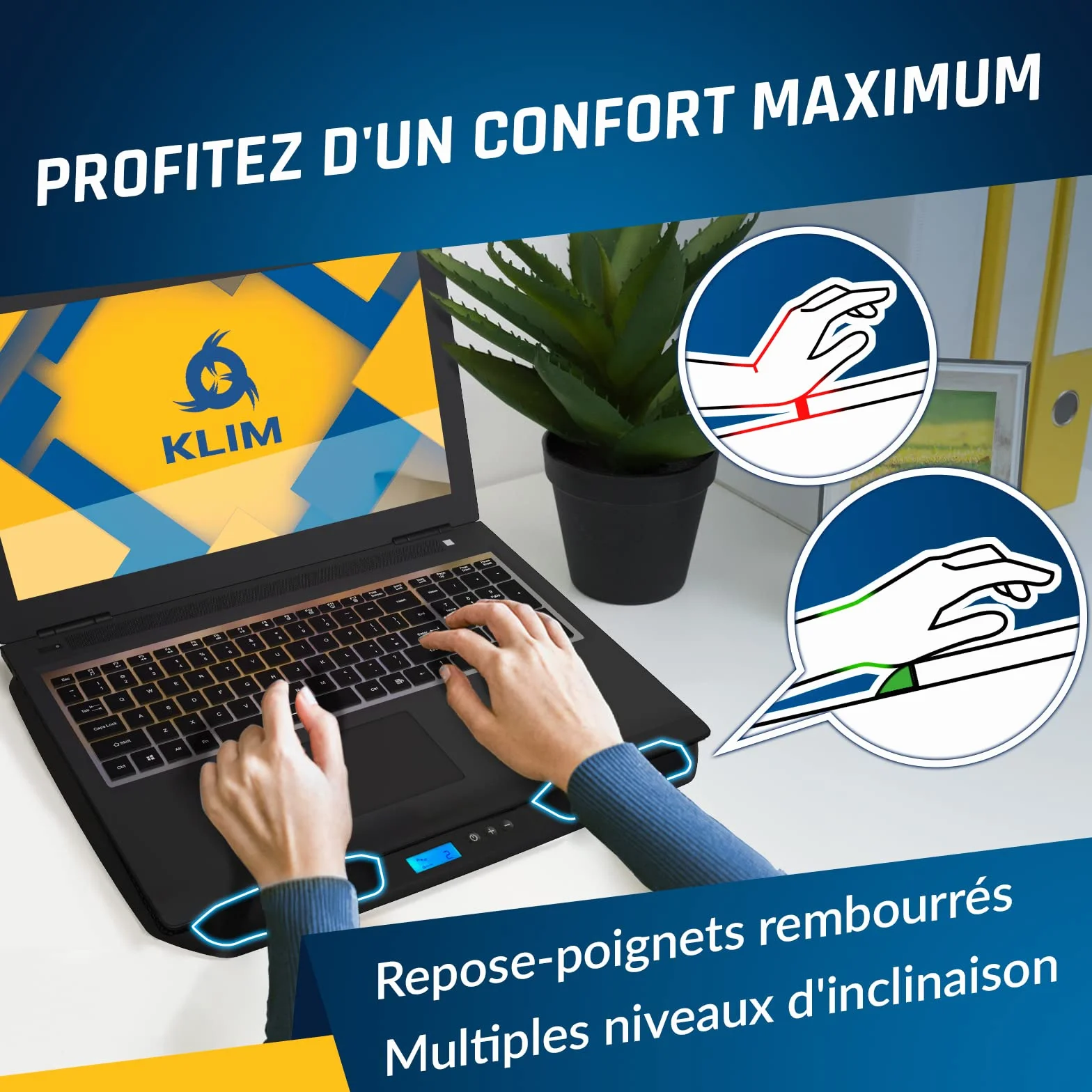 KLIM KN02 Refroidisseur PC Portable 11-17,3 Pouces 3 Ventilateurs 1500 RPM Support + Grille métallique