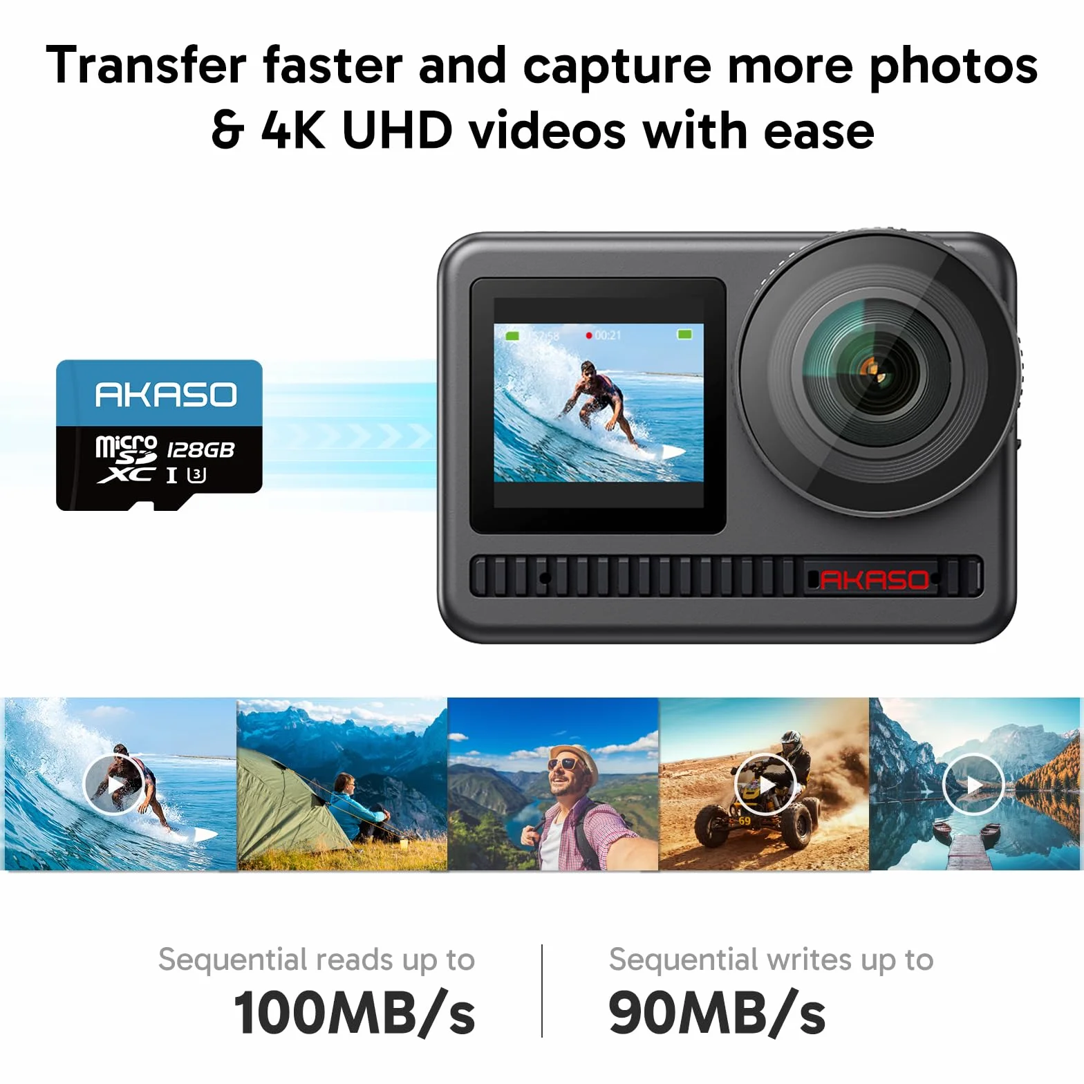 AKASO Carte Mémoire MicroSDXC 128 Go U3 Compatible Caméra Sport