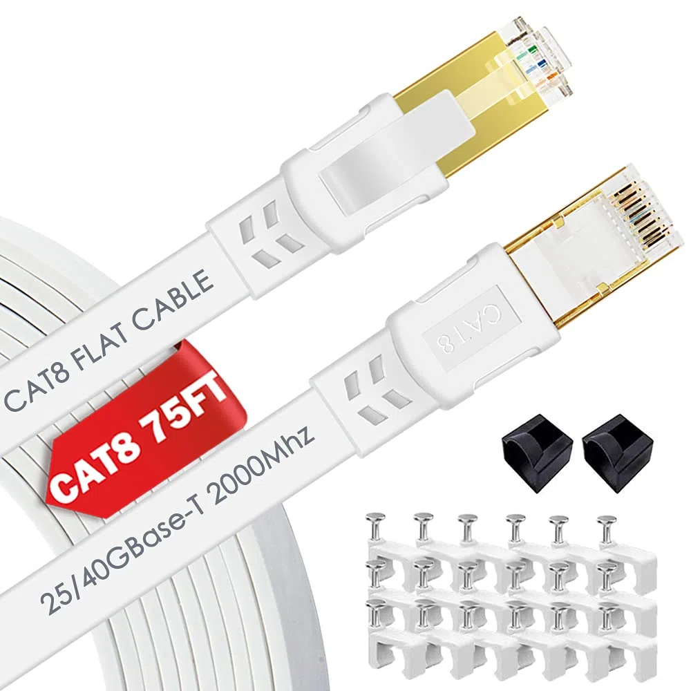 Câble Ethernet Cat 8 de 22,9 m pour réseau Internet, LAN, haut débit, 2000 MHz, 40 Gbit/s, câbles RJ45 pour jeux, Xbox, PS4, modem, routeur - Compatible avec réseau Cat7/Cat6e/Cat5e - Blanc