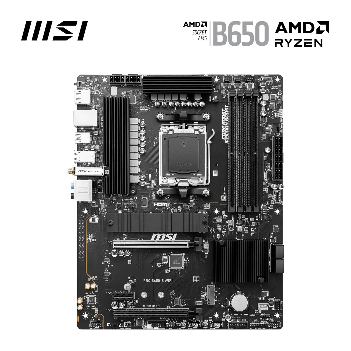 MSI Pro B650-S Carte mère WiFi V1, ATX - Prend en Charge Les processeurs AMD Ryzen 9000/8000/7000, AM5 - DDR5 Memory Boost 6000+MHz/OC, 2 x PCIe 4.0 x16, 2 x M.2 Gen4, Wi-FI 6E