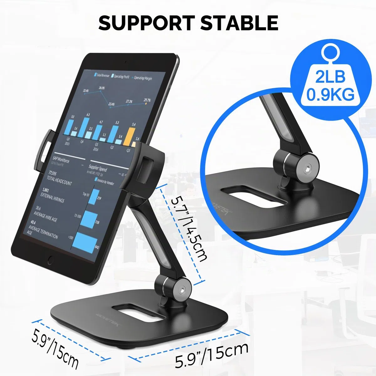 AboveTEK Support pour ipad Support Pliable pour Tablet 4-11 Support pour Tablette Noir Support pivotant à 360° pour Tablette iPad Pro Mini iPhone Kindle POS Bureau Cuisine