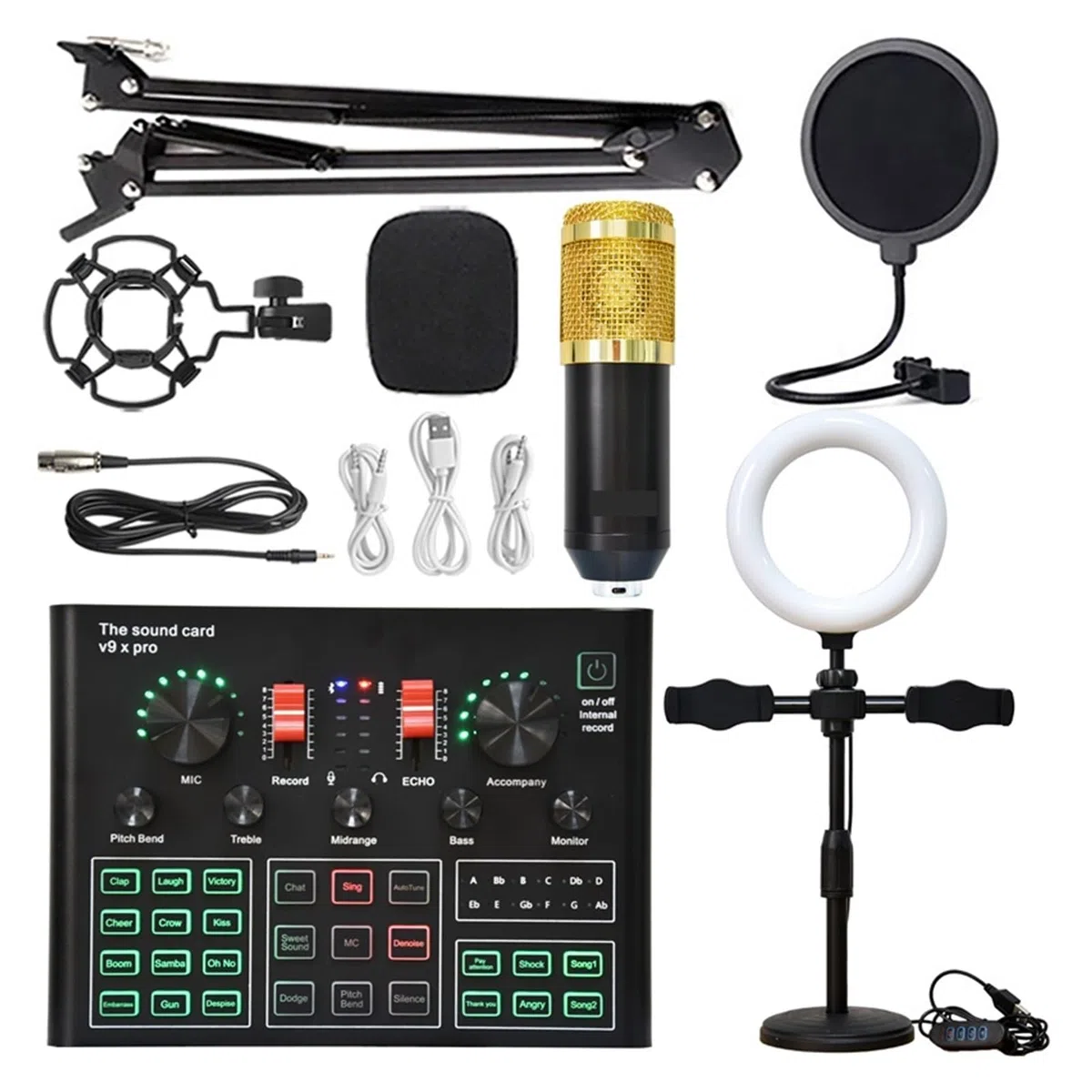 Kit de carte son professionnel à condensateur, micro, Bluetooth, sans fil, karaoké, carte son avec support en porte-à-faux, lumière de remplissage, configuration de studio pour l'enregistrement d