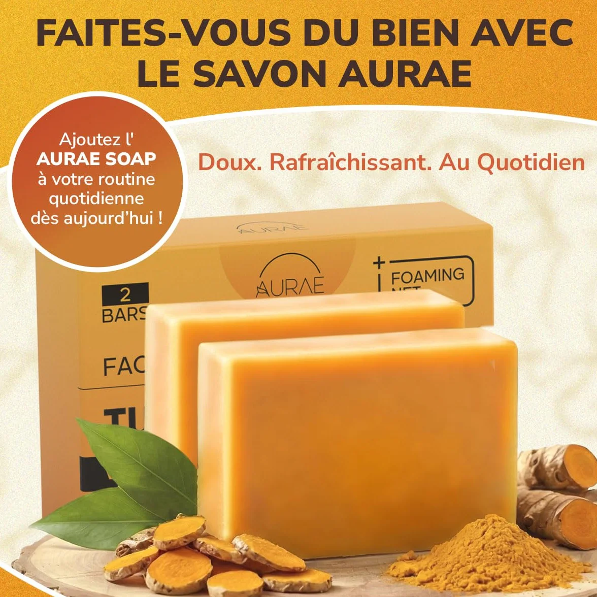 Savon Curcuma Visage Éclaircissant Hydratant Vit. C Rétinol Ac. Hyaluronique Beurre de Karité Huile Olive Vit. E 100g x 2