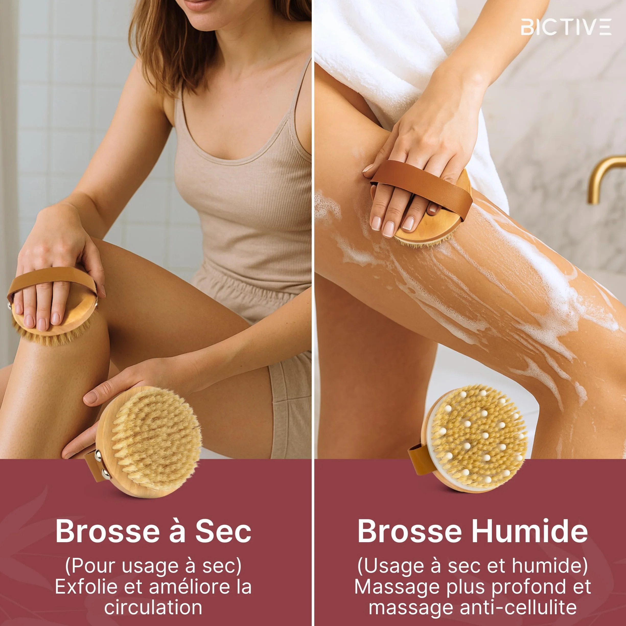 Kit Premium de 2 Brosses de Corps à Sec avec Poils Naturels - Brosse Exfoliante pour le Corps, Brossage à Sec Cellulite, Drainage Lymphatique
