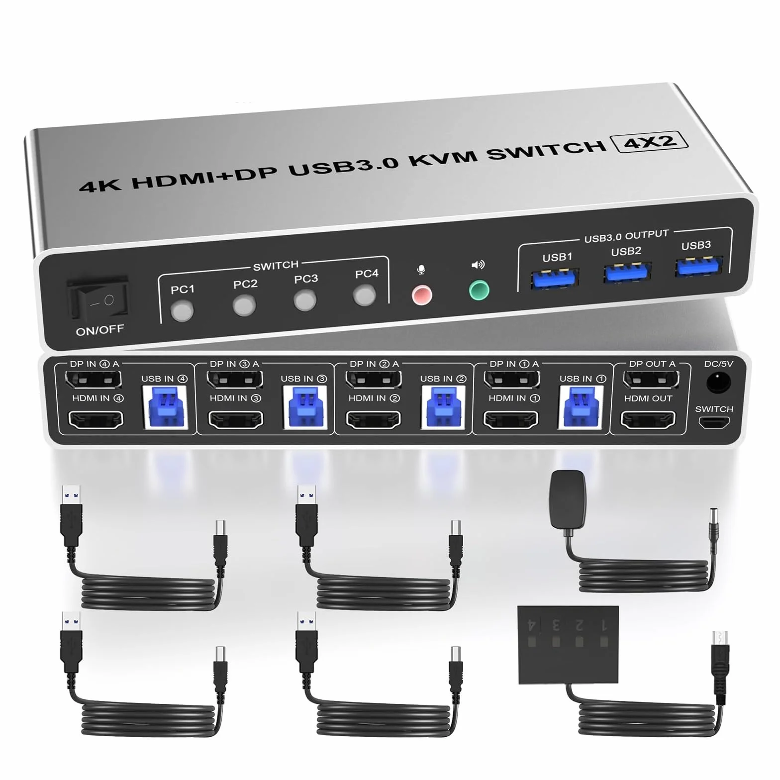 4K @ 60Hz USB 3.0 Displayport + KVM Switch 2 moniteurs 4 Ordinateurs, Ports Double Moniteur + DP commutateur de for PC pour Le Streaming de Jeux et l'enregistrement Multi-Sources