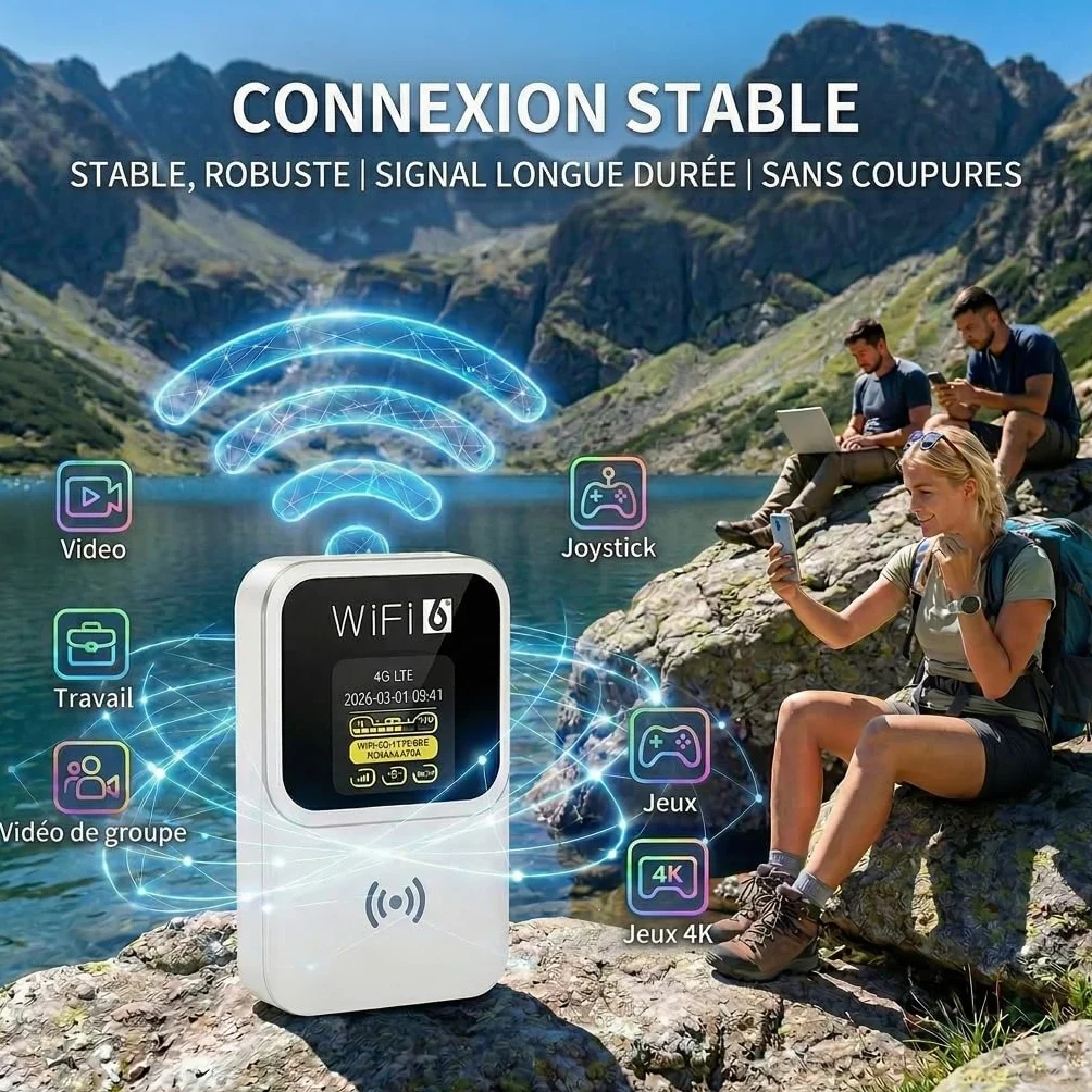 Routeur 5G Portable, SIM Libre, Écran LCD Date, 3000mAh, 32 Appareils | WPA3 sécurisé,Internet nomade 300Mbps WiFi 6,32 appareils,Écran LCD,14h autonomie,USB-C,camping-car,télétravail
