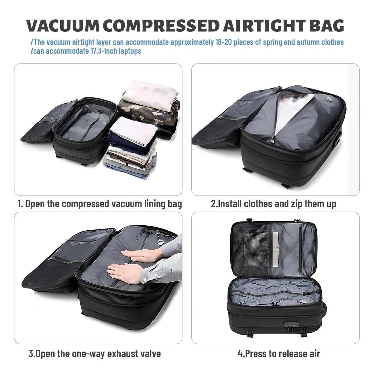 Bewinner Sac à Dos de Compression Sous Vide 25 L 60 L, Extensible, Résistant à L'eau, avec Compartiment pour Ordinateur Portable de 17 Pouces, pour Hommes et Femmes, Sac de Week-end