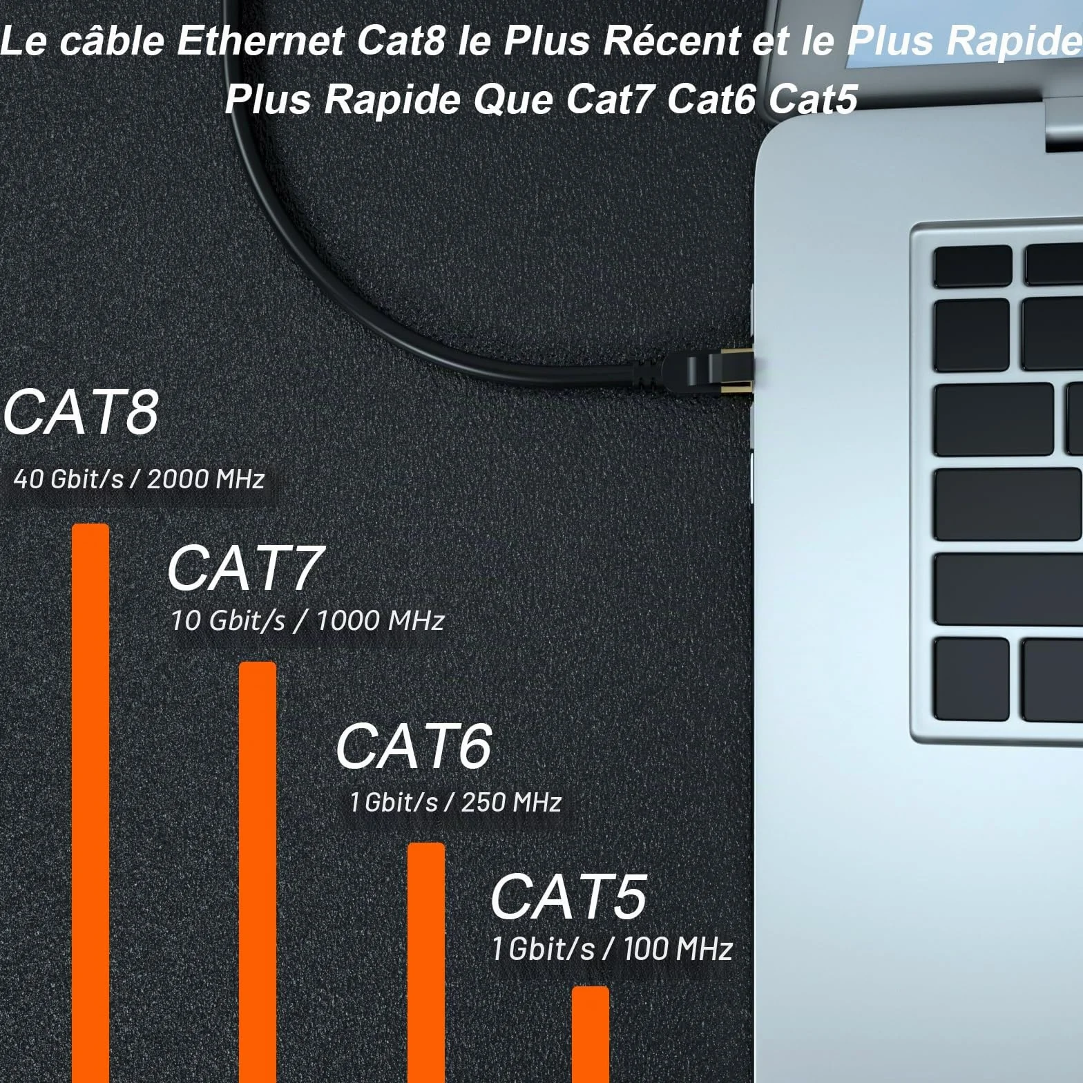 Câble Ethernet 50m Cat 8, 40 Gbit/s, 2000 MHz, RJ45 Plaqué Or, Extérieur Imperméable