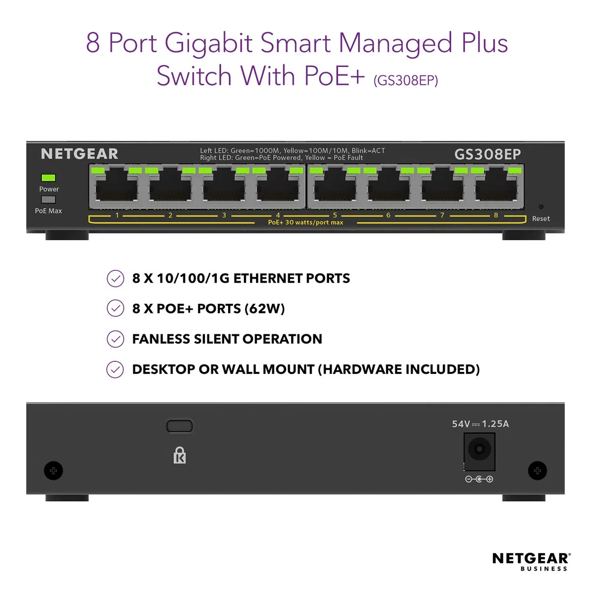 NETGEAR GS308EP Commutateur réseau 8 Ports Gigabit Ethernet Plus avec 8 PoE+ @ 62 W Montage Mural ou de Bureau