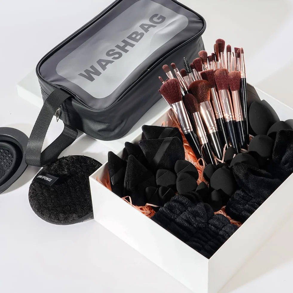 Set Pinceaux Maquillage 51 Pièces, Professionnel avec Éponges, Houppettes, Trousse Rangement, Brosse Fond Teint Poudre Blush Yeux Noir