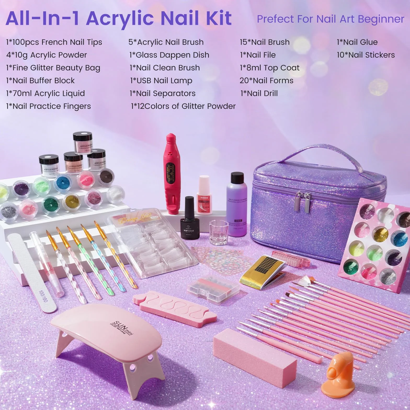 Kit de démarrage acrylique pour ongles 4 couleurs avec lampe et ponceuse