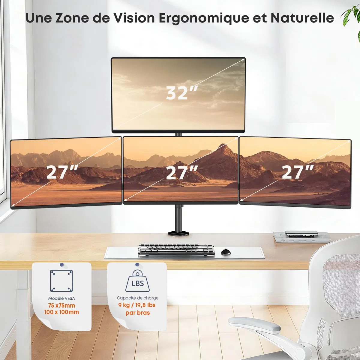 Support pour 4 Moniteurs 17"-27", Support de Bureau Réglable pour Écrans LCD LED, Montage Vertical, Poids Max 10 kg par Bras, VESA 75/100, Noir