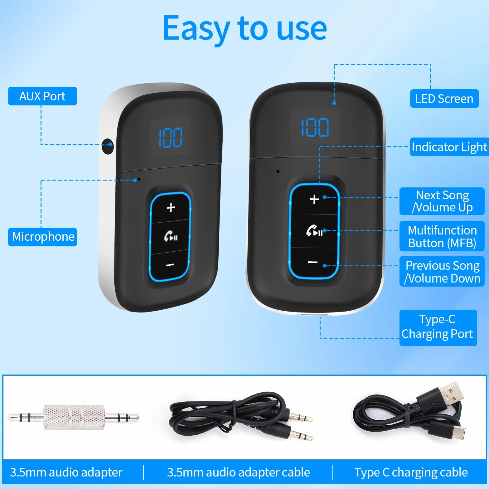 Vemfay Récepteur Bluetooth Voiture Jack Adaptateur Aux Bluetooth 5.3, Appel Main Libre, Dual Connexion, 16H d'Autonomie