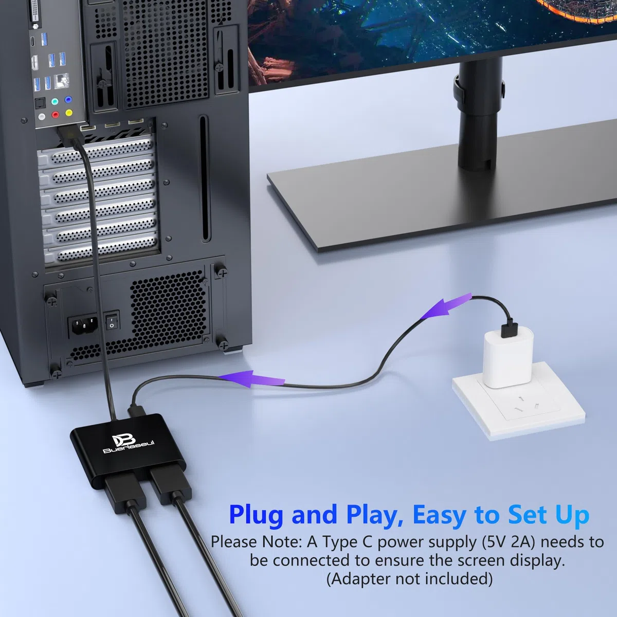 Répartiteur DisplayPort vers double HDMI 4K @ 60 Hz, alimentation USB-C, hub DisplayPort 1.4 MST vers HDMI 1 entrée 2 sorties pour double moniteurs, mode étendu/clone pour ordinateur de bureau, carte