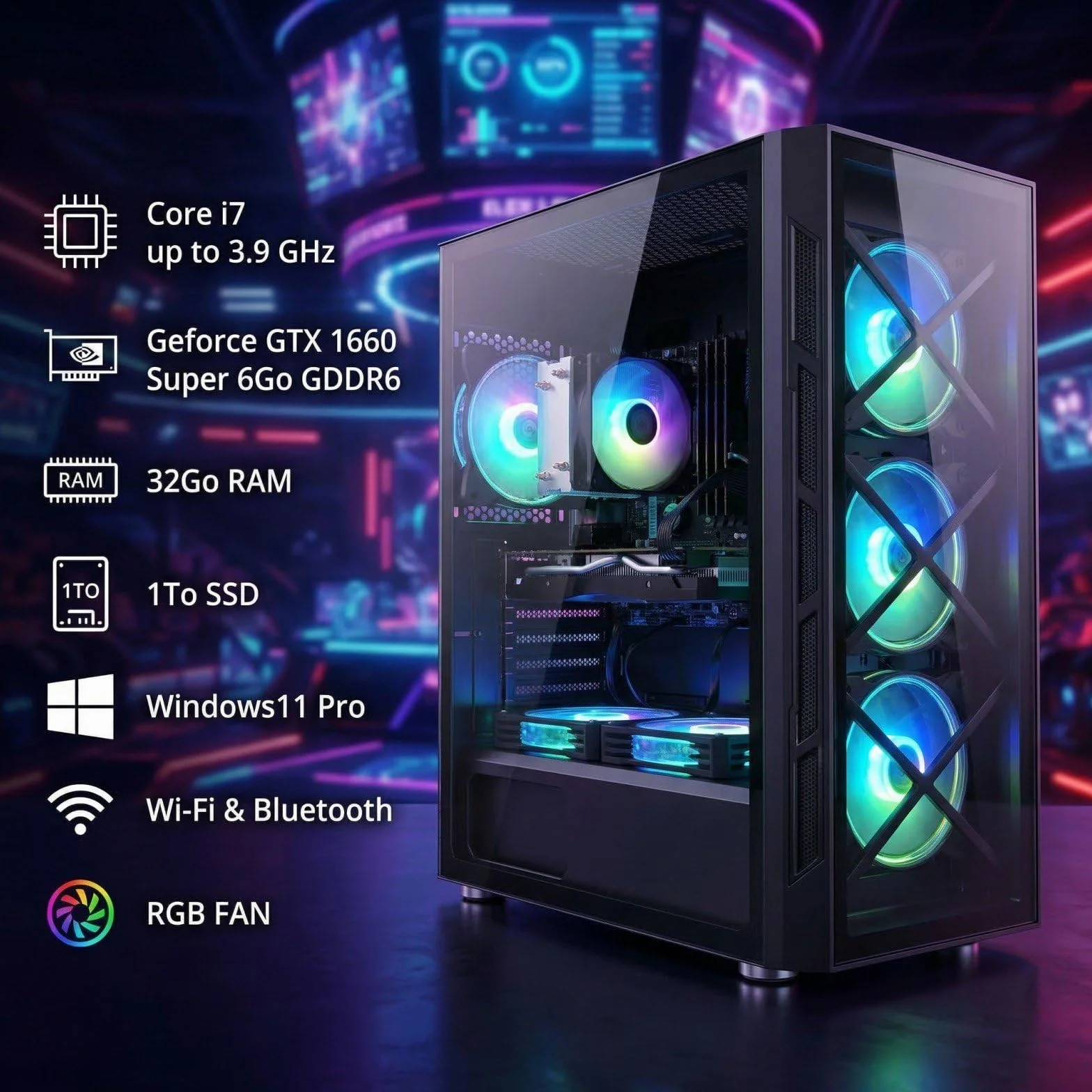 PC Gamer Fixe Core i7 3.9 GHz Geforce GTX 1660 Super 6Go GDDR6 32Go RAM 1To SSD WiFi6 Windows11 Pro