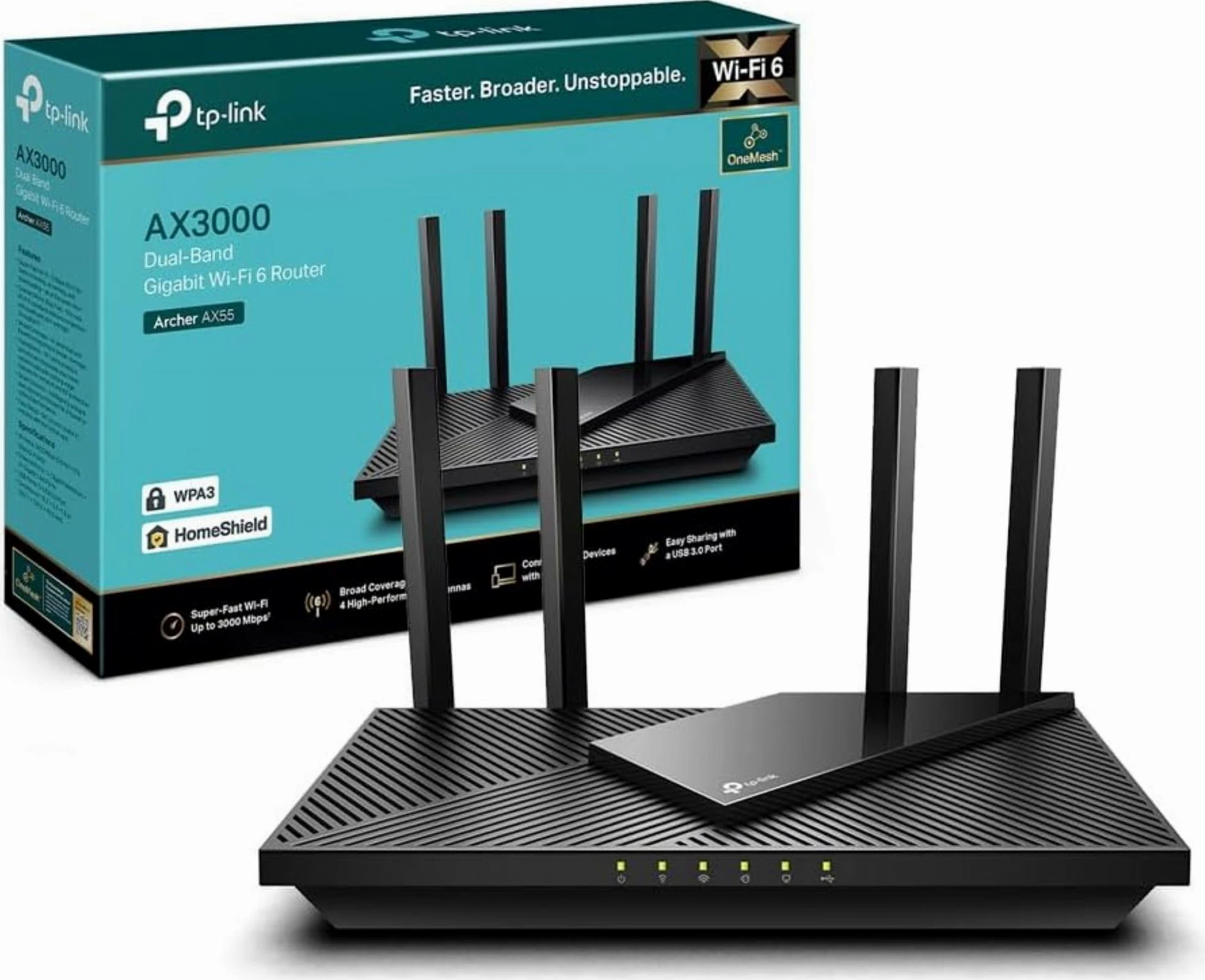 TP-Link Archer AX55 Routeur WiFi 6, Routeur WiFi AX 3000 Mbps bi-Bande, 5 Ports Gigabit, 4 antennes à Haute Performance, WPA3, Contrôle Parental, OneMesh, Antivirus intégré