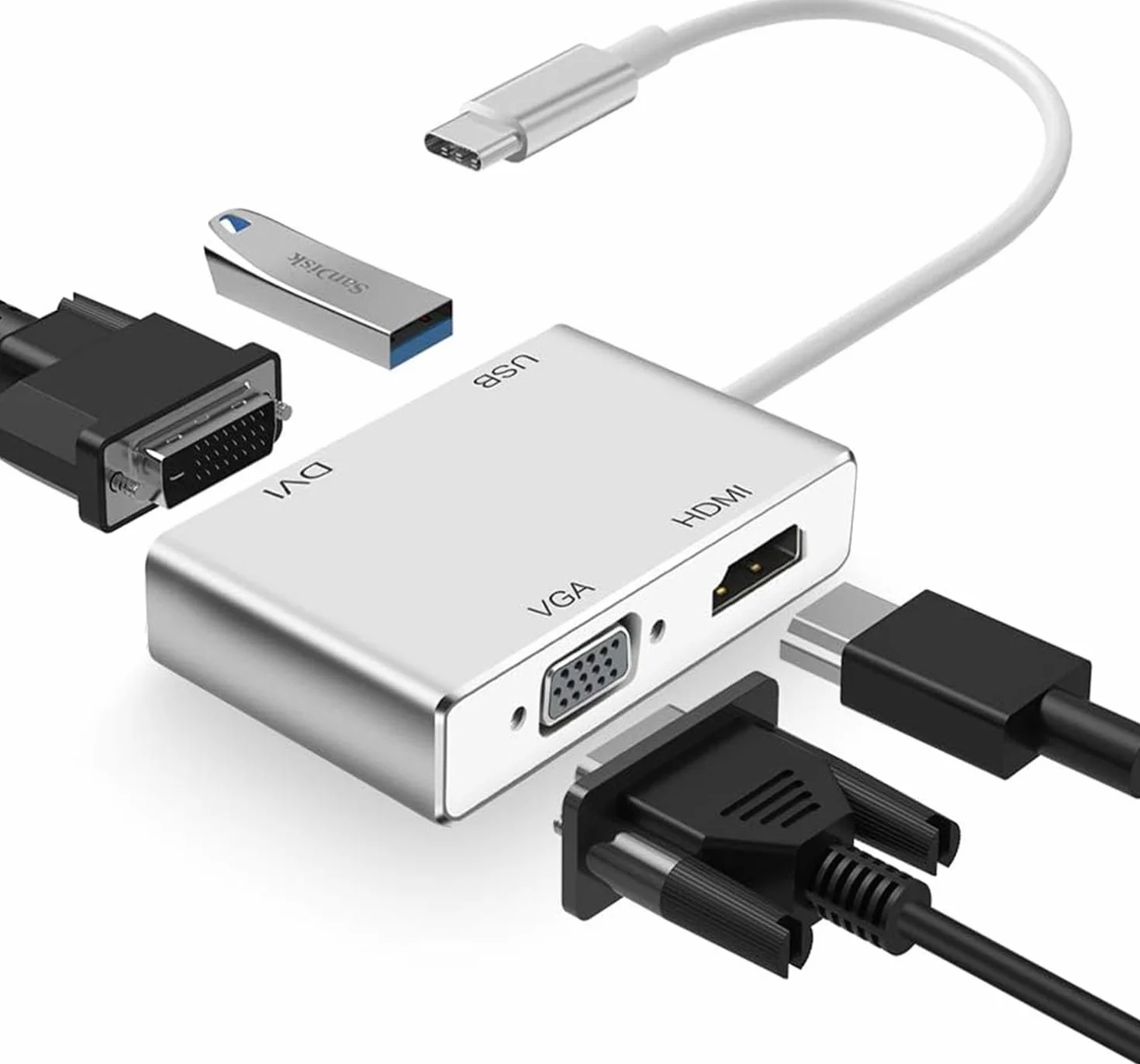 Faersi Adaptateur 4K Type C Vers HDMI USB-C 3.1 Vers DVI VGA USB 3.0 Hub Multiport Compatible MacBook Pro Chromebook Samsung Galaxy S8