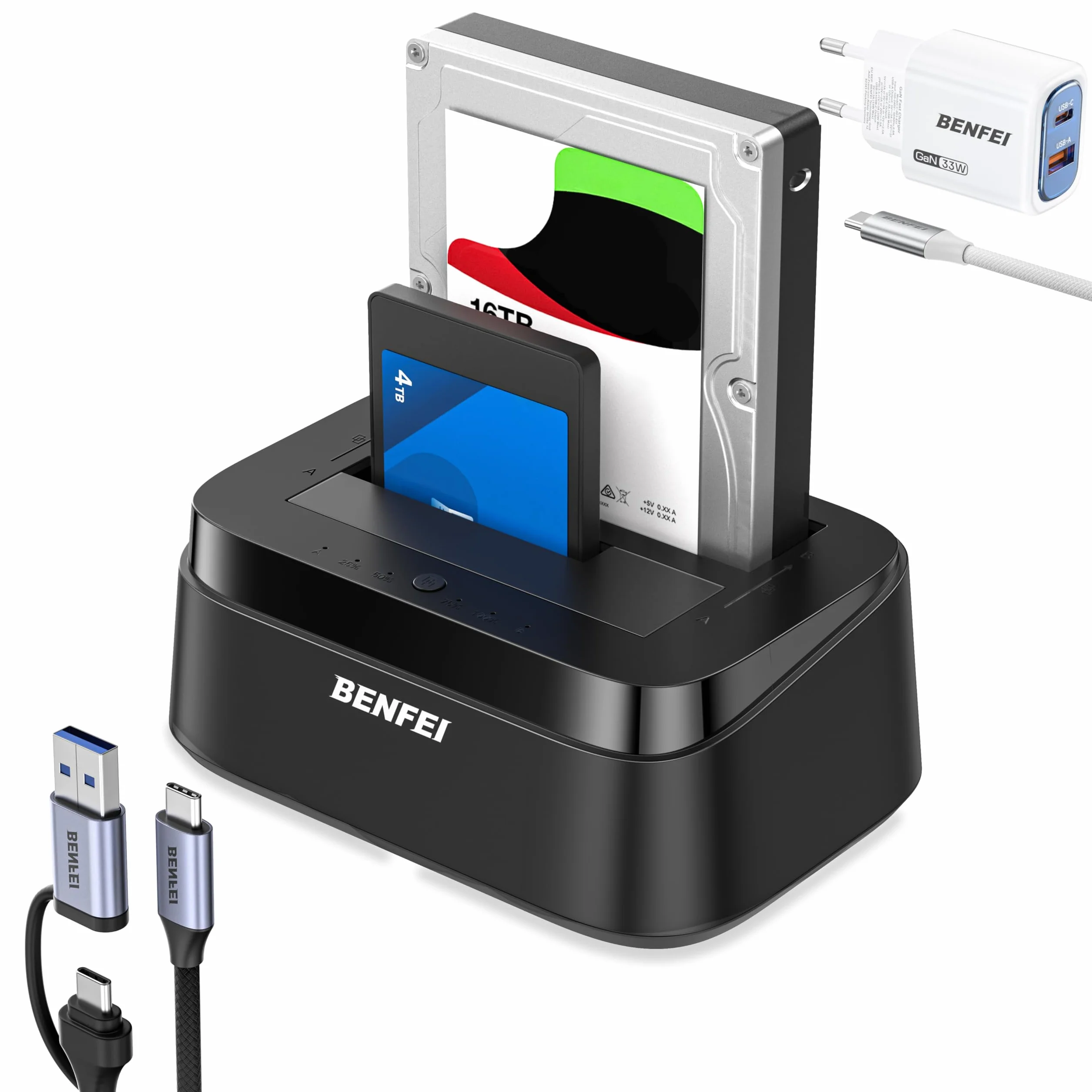 BENFEI Station d'accueil pour Disques Durs avec Clonage Hors Ligne, Dock Double Baie USB-C pour HDD/SSD 2.5/3.5", 5 Gbit/s
