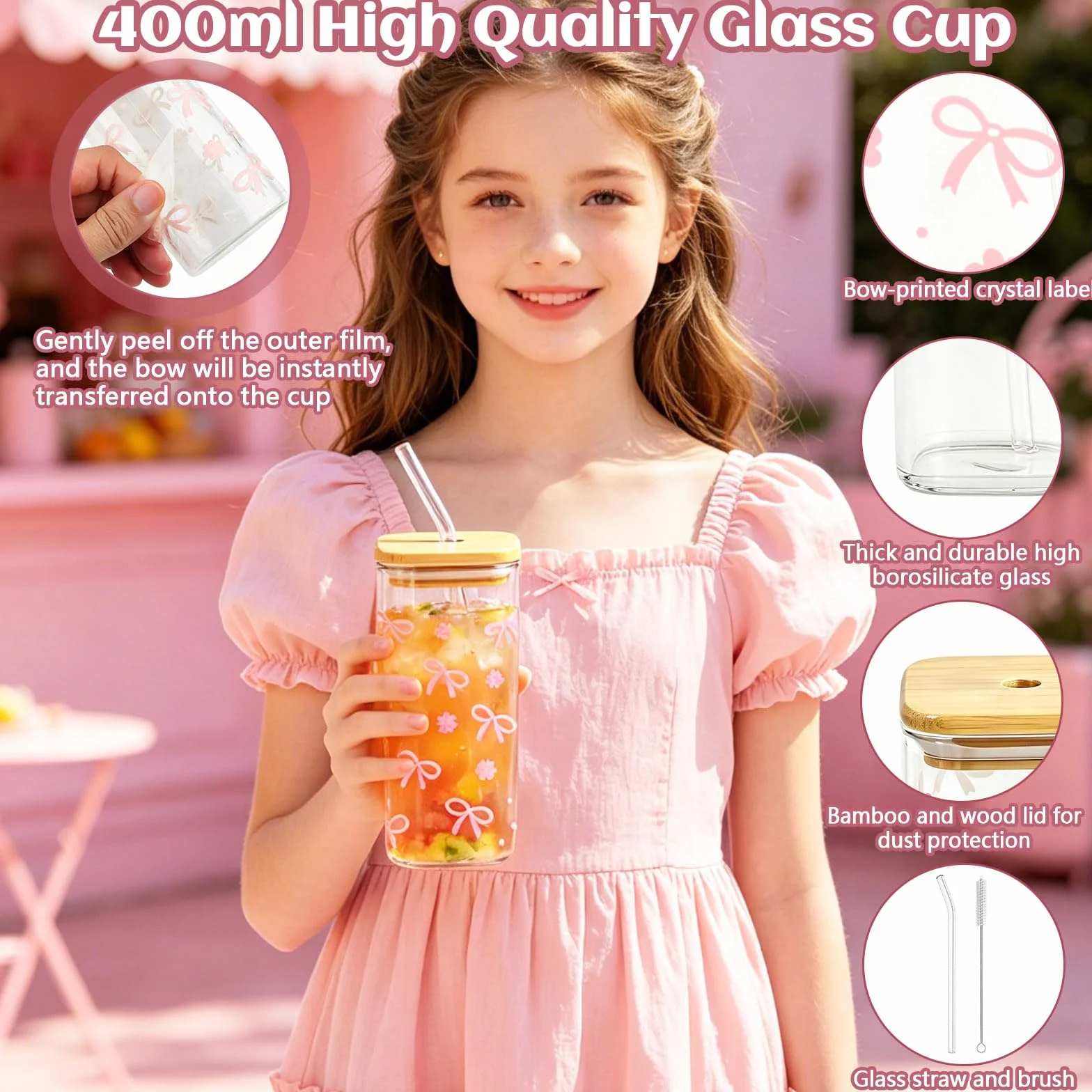 Coffret Cadeau Anniversaire Fille Tasse en Verre avec Couvercle et Paille Maquillage Trousse Cosmétique Bracelet Hairband Miroir