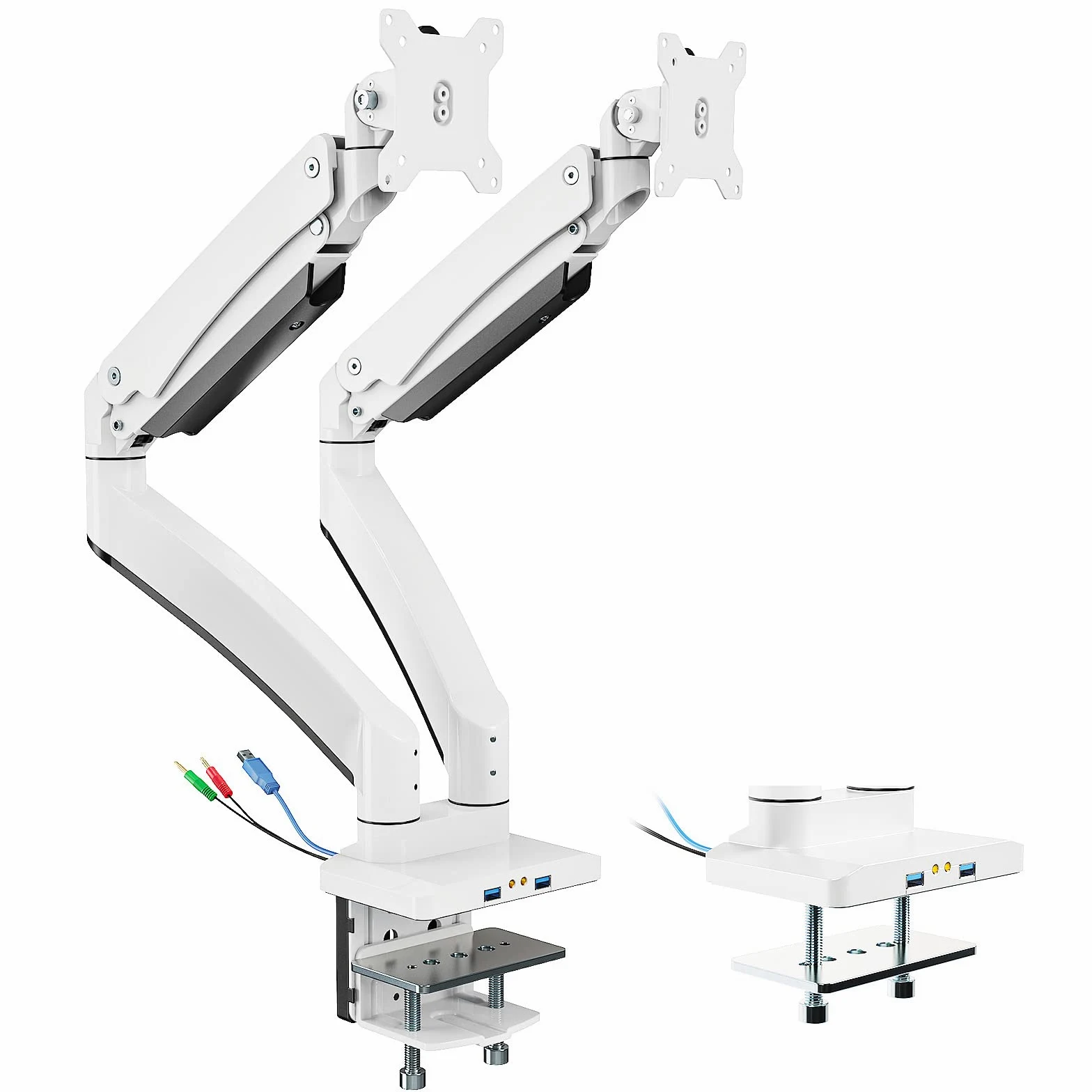 PUTORSEN Support Écran PC 2 Écrans de 17 à 35 Pouces, Aluminium Premium Bras Articulé Ressort à Gaz, Supporte 15 kg par Bras, 2x3.0 USB Port, Réglable en Hauteur, Blanc