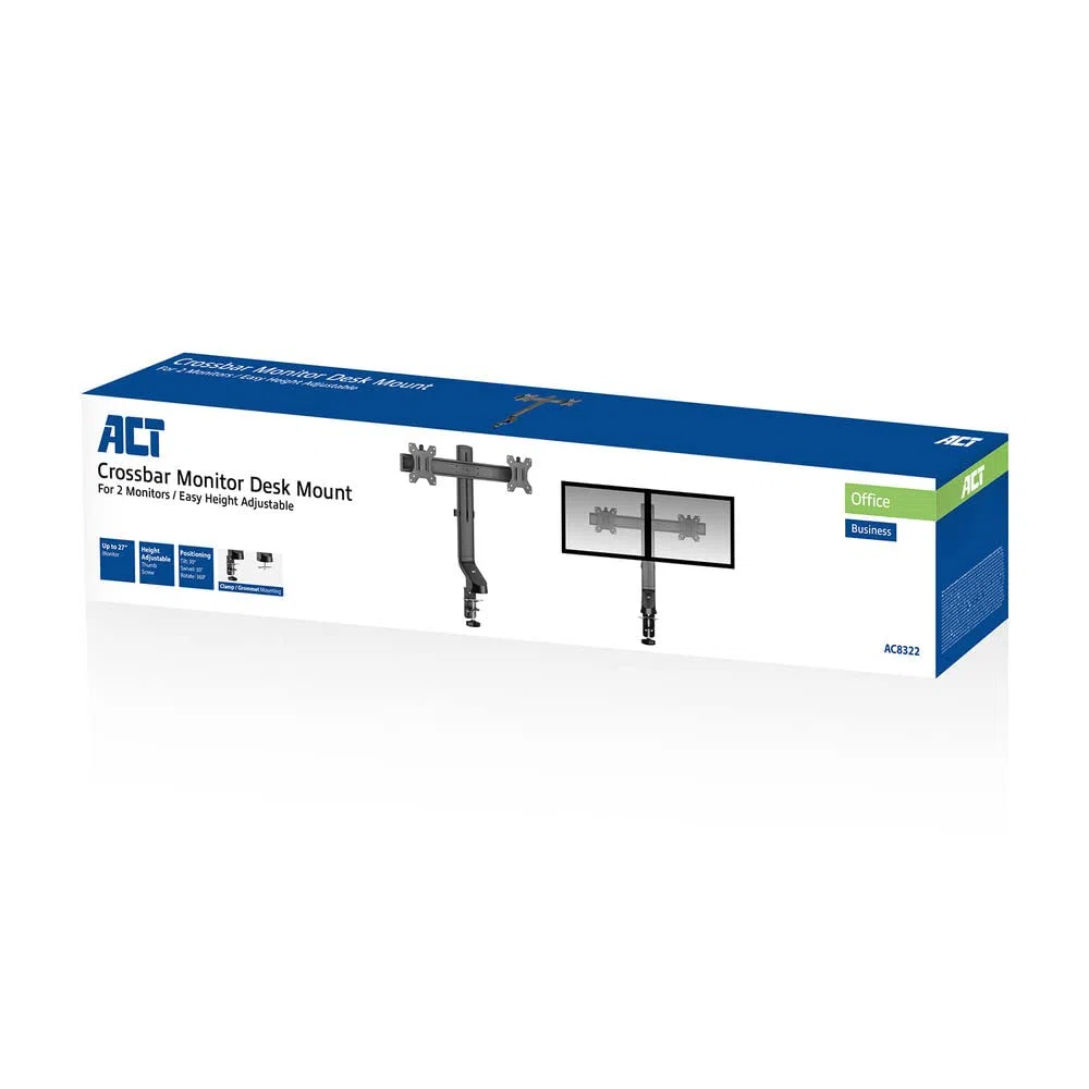 ACT AC8322 Barre transversale de Bras pour écran Double jusqu'à 32", Hauteur réglable avec vis moletée, VESA 75/100 mm, Support de Bureau pour Moniteur, inclinable à 30°, Rotation à 30°, Rotation à