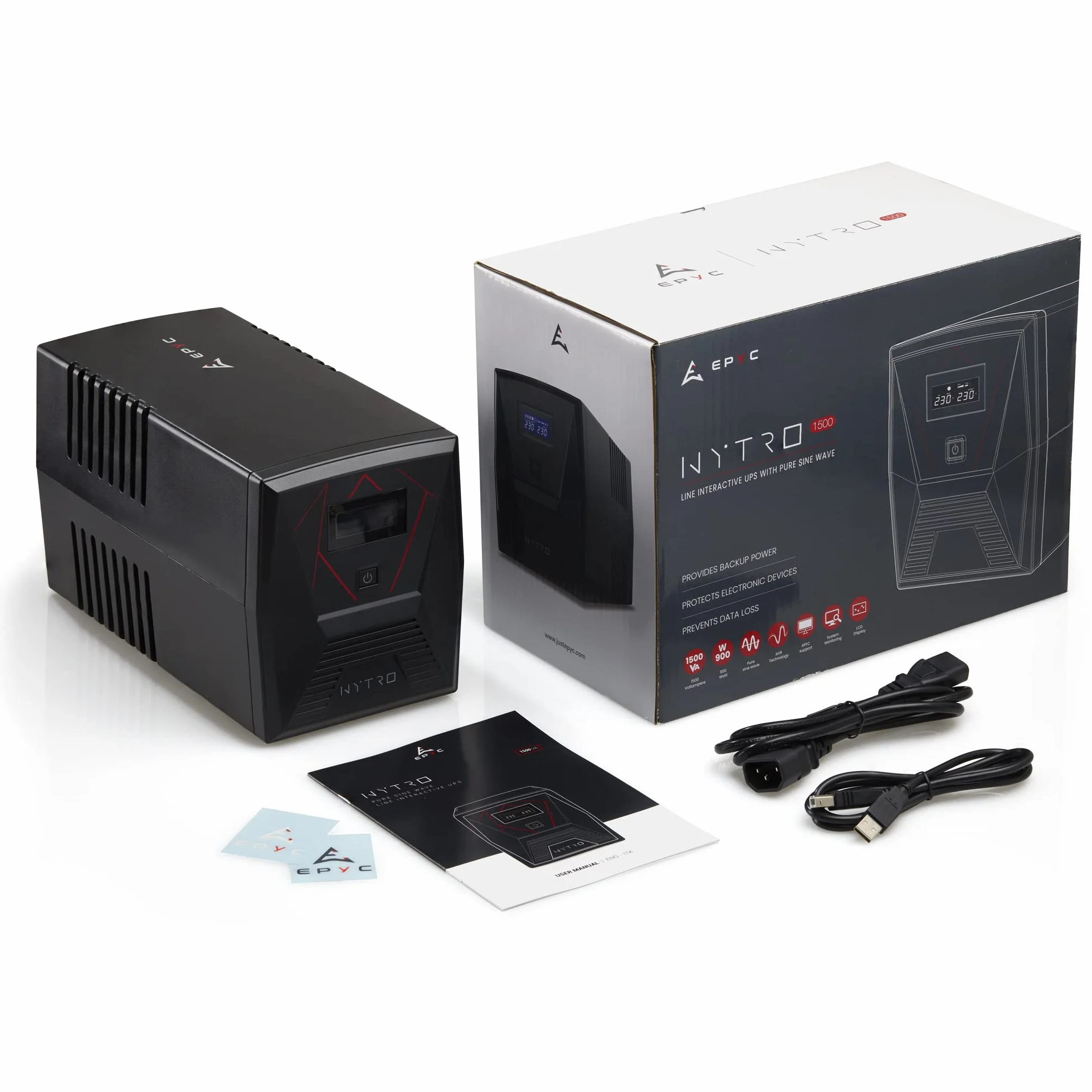 EPYC NYTRO Onduleur Sinusoïdal Pur 1500VA/900Watt UPS PC Jeu Mac Consoles 5 Prises Schuko IEC Écran LCD Line Interactive