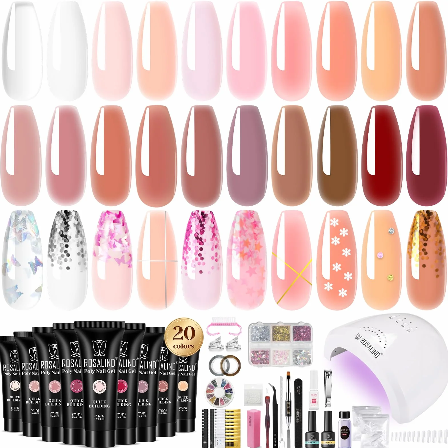 ROSALIND Kit Ongle Gel UV Complet 48W Lampe 20 Couleurs Gel Construction Rose Transparent Base Top Coat