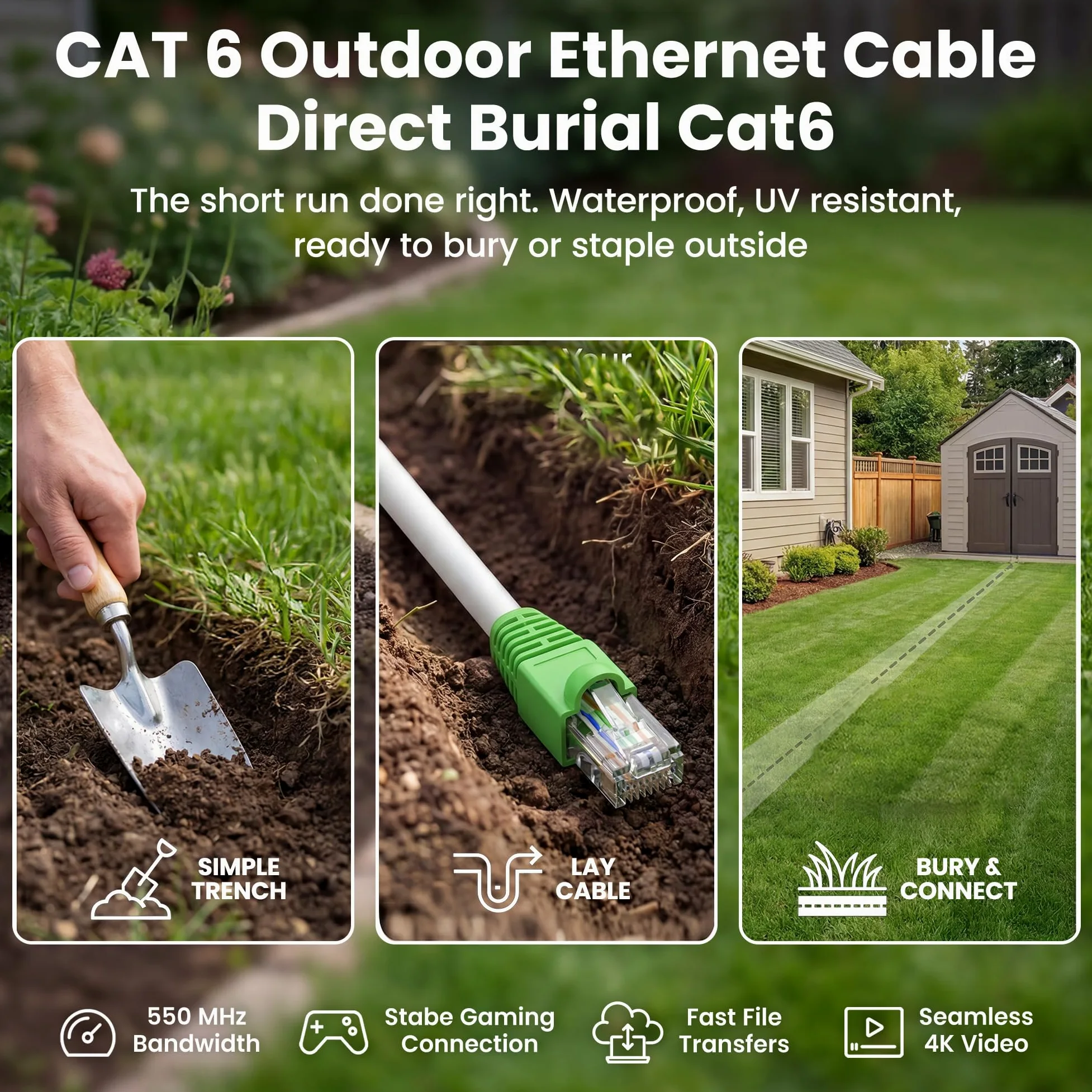GEARit Câble Ethernet extérieur Cat6 (15,2 m) 23 AWG en cuivre pur, FTP, LLDPE, imperméable, enfouissement direct, dans la terre, résistant aux UV, PoE, réseau, LAN, Internet, câble Cat 6, Cat6 – 15,2