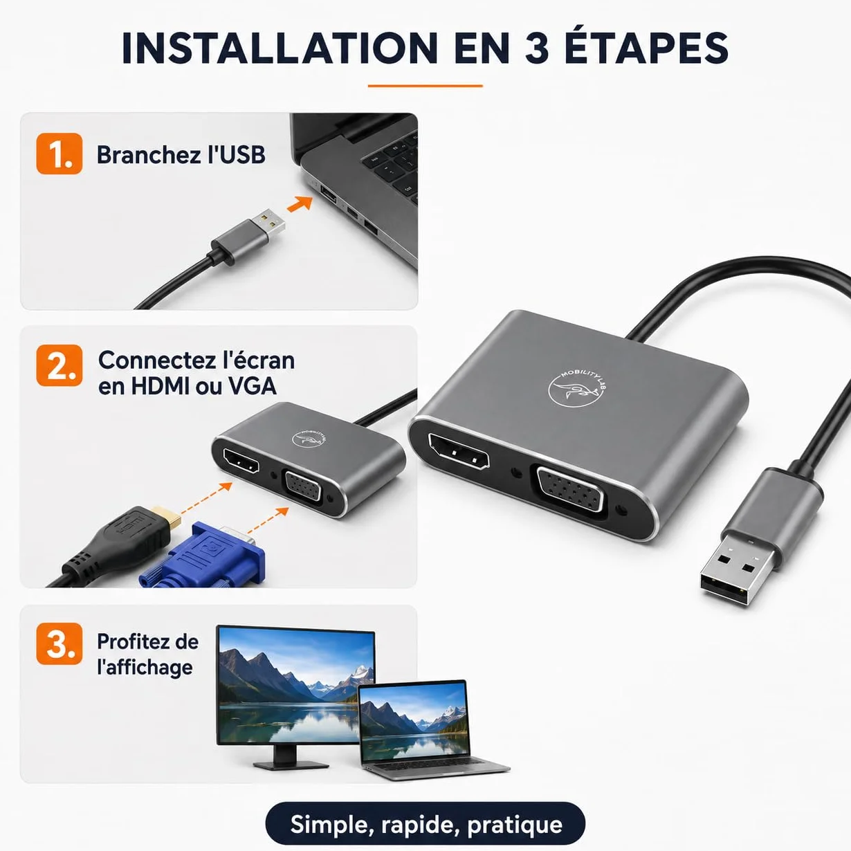 Mobility Lab Adaptateur USB 3.0 vers HDMI & VGA 1920x1080p 60Hz Plug & Play Compatible macOS