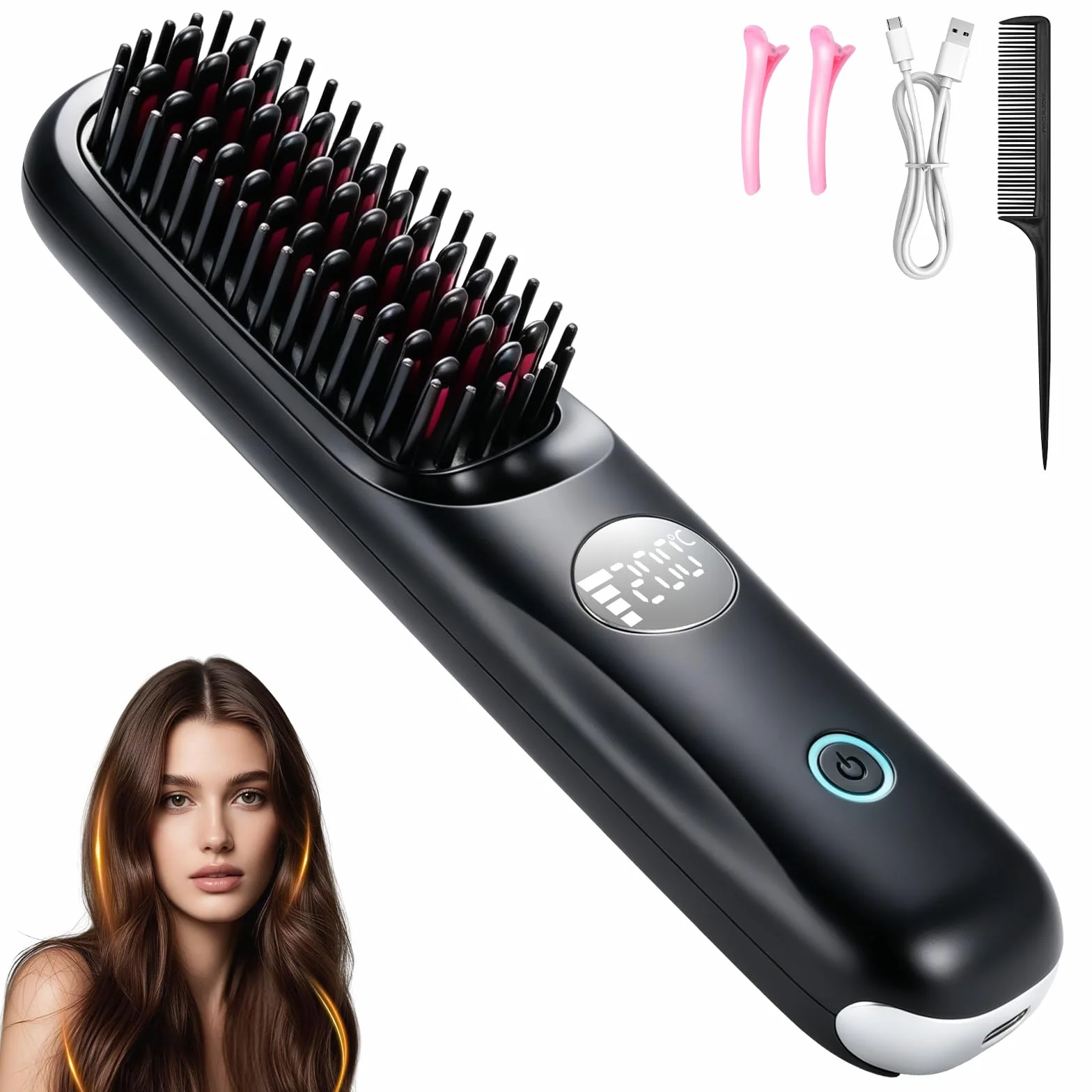 Brosse Lissante Sans Fil LCD 3 Niveaux Température 160-200°C 4000 mAh USB-C Noir