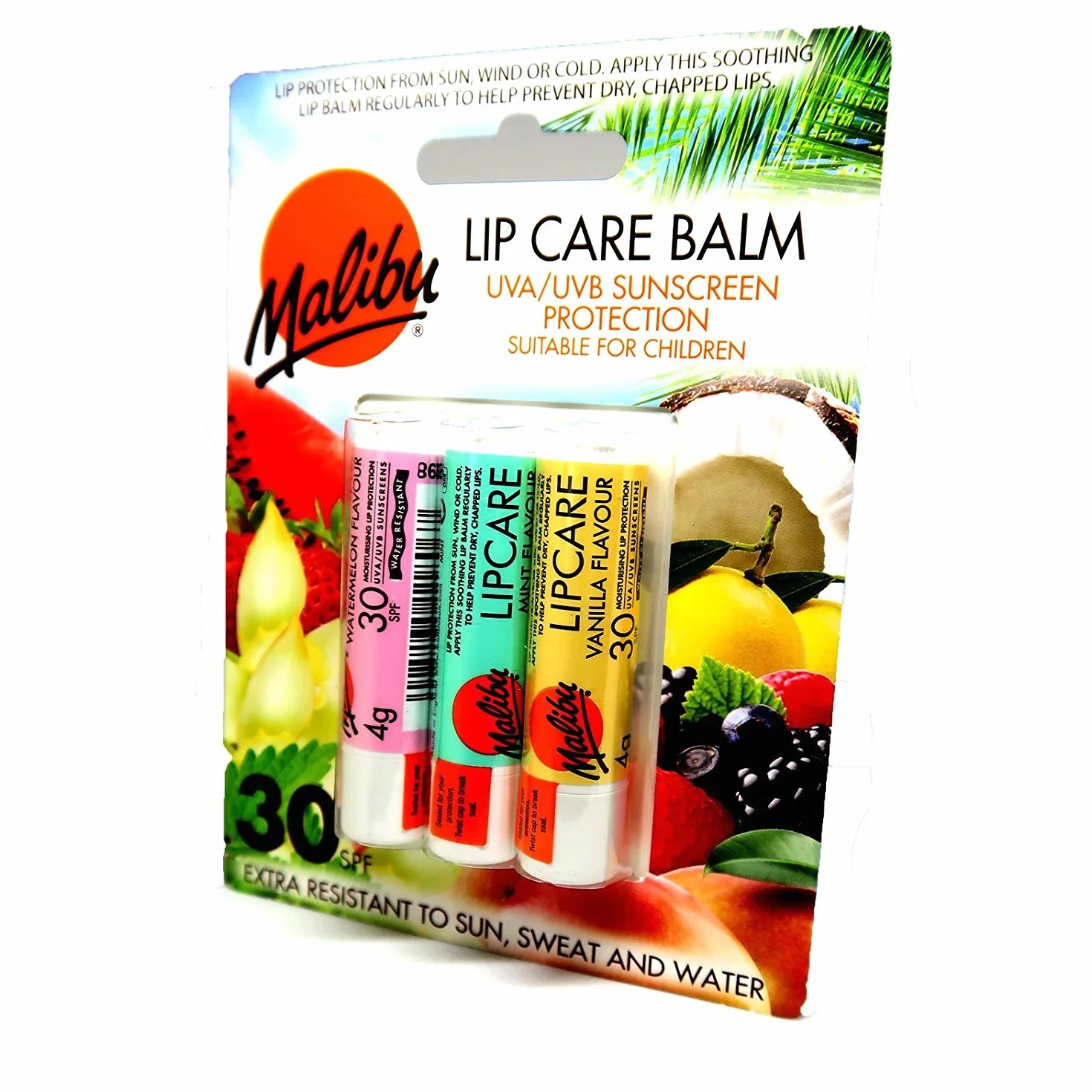 MALIBU LIP CARE BALM SPF30 UVA/UVB SUNSCREEN 3PK