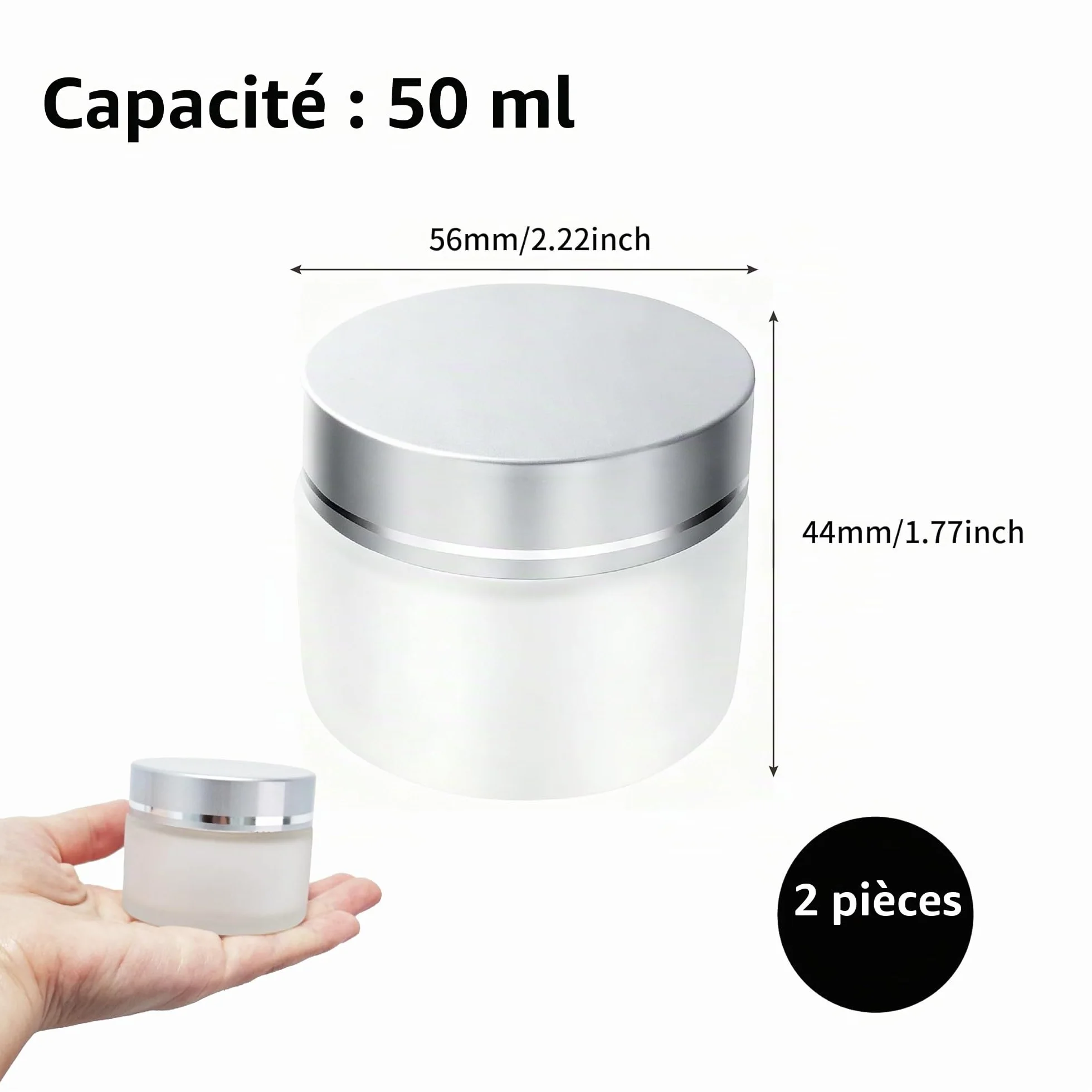 Pots Cosmétiques Vides 50ml Petit Pot Verre Dépoli Couvercle Argenté pour Crèmes Voyage DIY